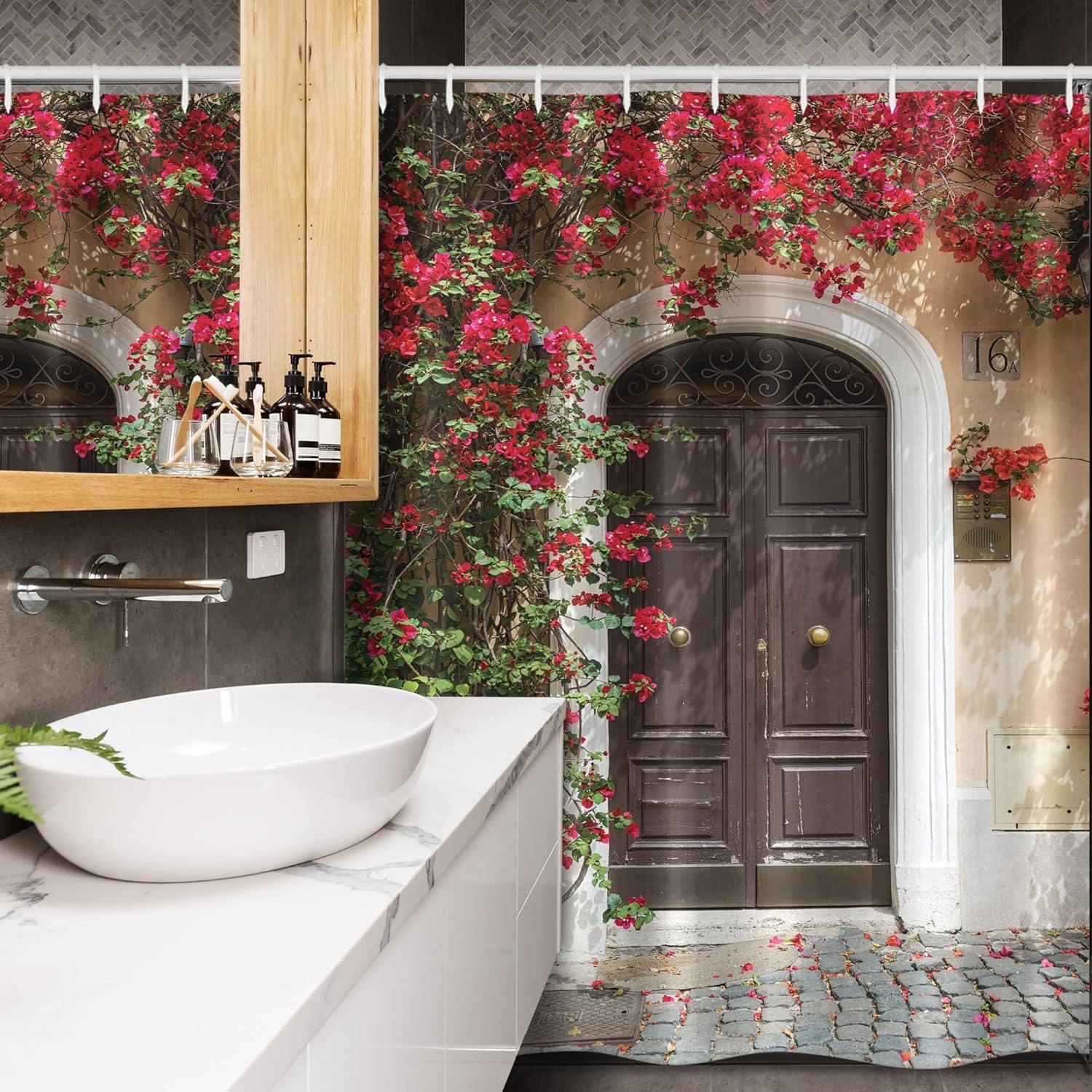 Ambesonne Moroccan Stall Shower Curtain, Old Wooden Door Surrounded by Flowers European Medieval Entrance Italy, Fabric Bathroom Decor Set with Hooks, 54" W x 78" L, Dark Coral Chocolate Cream