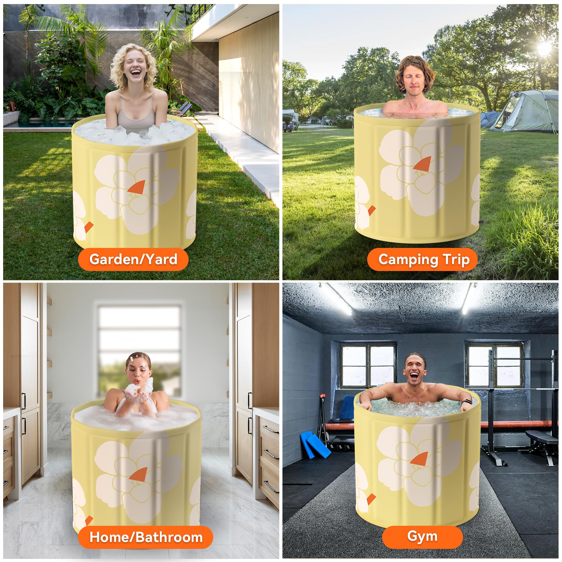 Vasca da bagno Portatile per Adulti - Vasca da Bagno Freestanding con Doccia Spa, Termoregolazione Ghiaccio/Caldo,Ideale per SPA Domestica e Viaggio- Versione Compact 70x65 cm Giallo