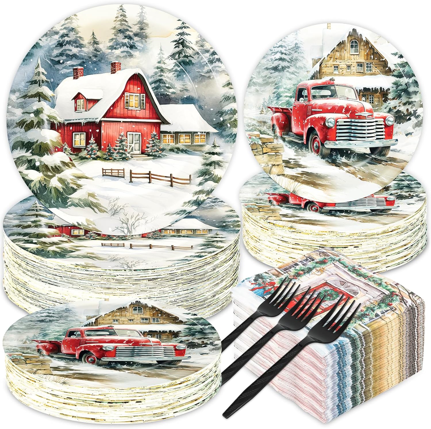200 PCS Christmas Paper Plates and Napkins Christmas Vintage Tableware Set Farmhouse Snowy House Truck Dinnerware Set for Xmas Party Decorations Winter Holiday Birthday Party Supplies for 50 Guests