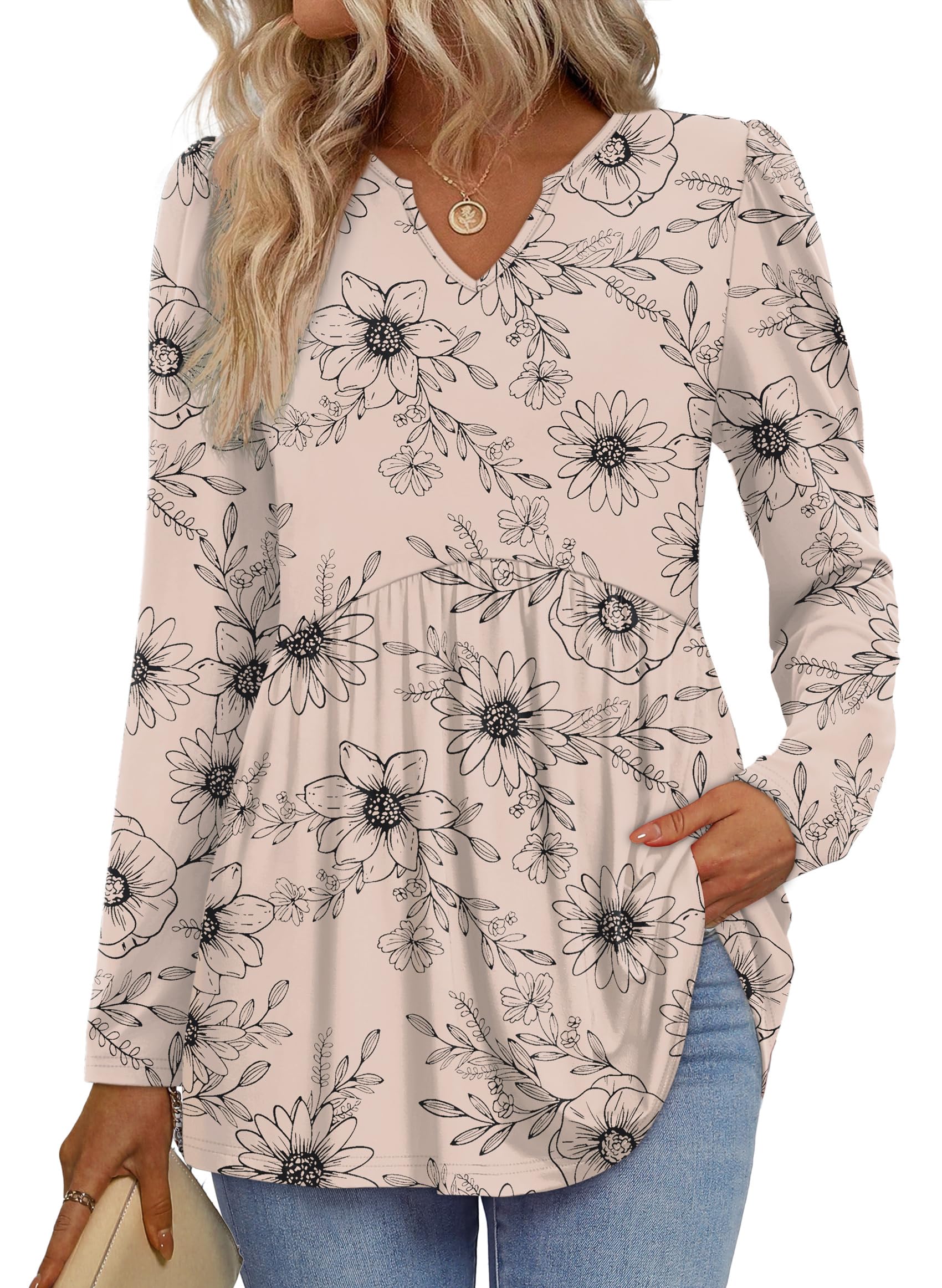WIHOLL Womens Tops Long Sleeve Fall Shirts Babydoll Peplum Tops for Women V Neck Tunic Dressy Casual Blouses