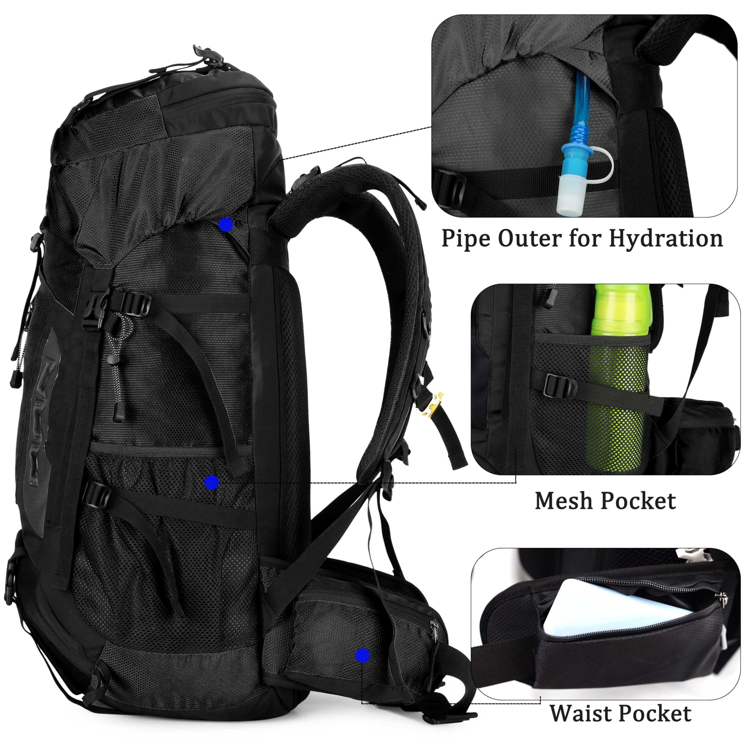 YFREAL - Mochila de viaje de senderismo y campamento de 60 litros con cubierta para lluvia, resistente al agua, mochila de escalada para hombres y mujeres, Negro, Large, Exteriores
