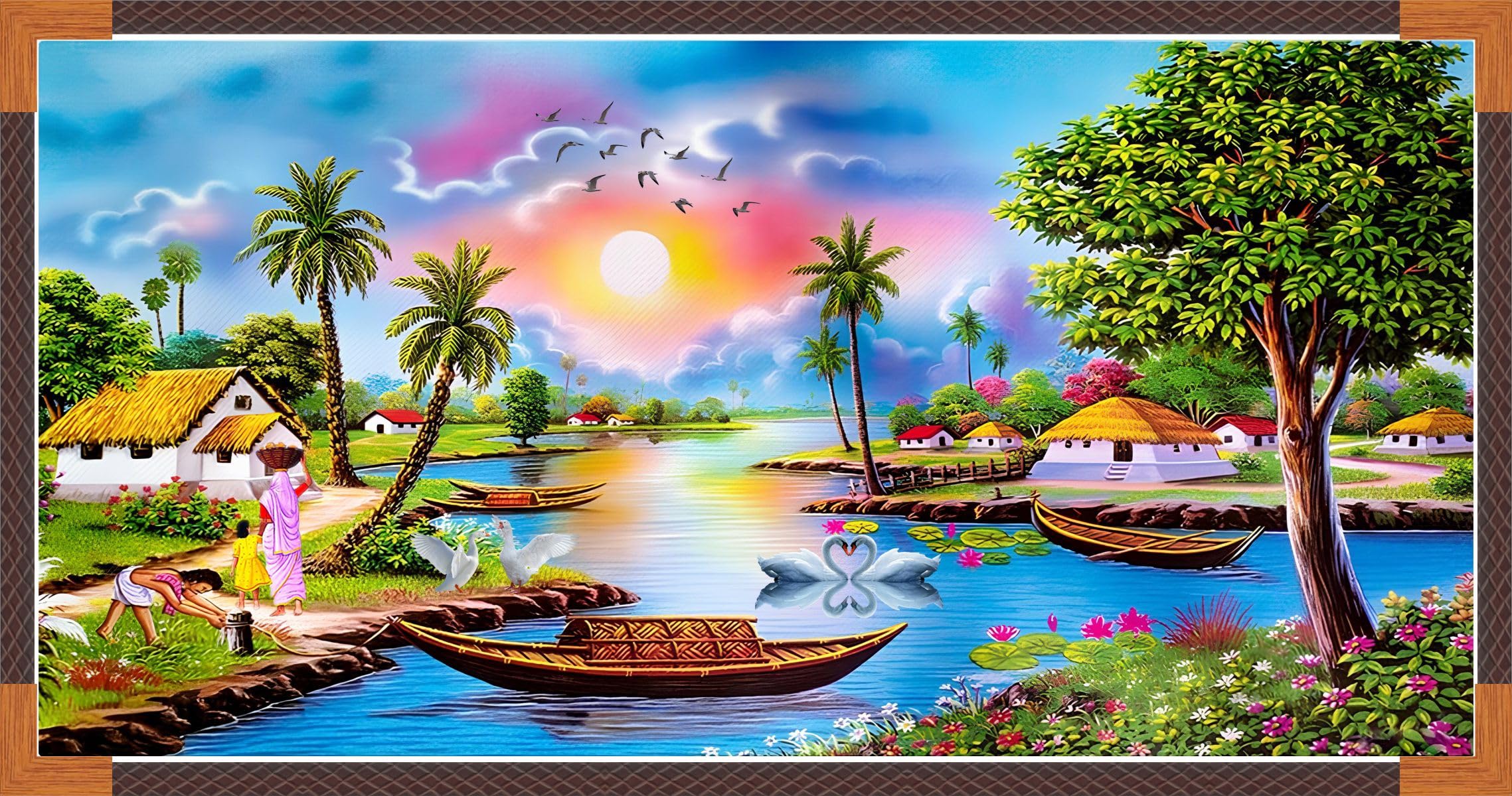 'Angel Decor'village Scenery Painting vastu Sunrise Wall Art Tree and Birds Nature Big Size wall Sticker for Bed Room Living Home Kitchen self Adhesive PVC Vinyl Size (92X46) Cm-image-14