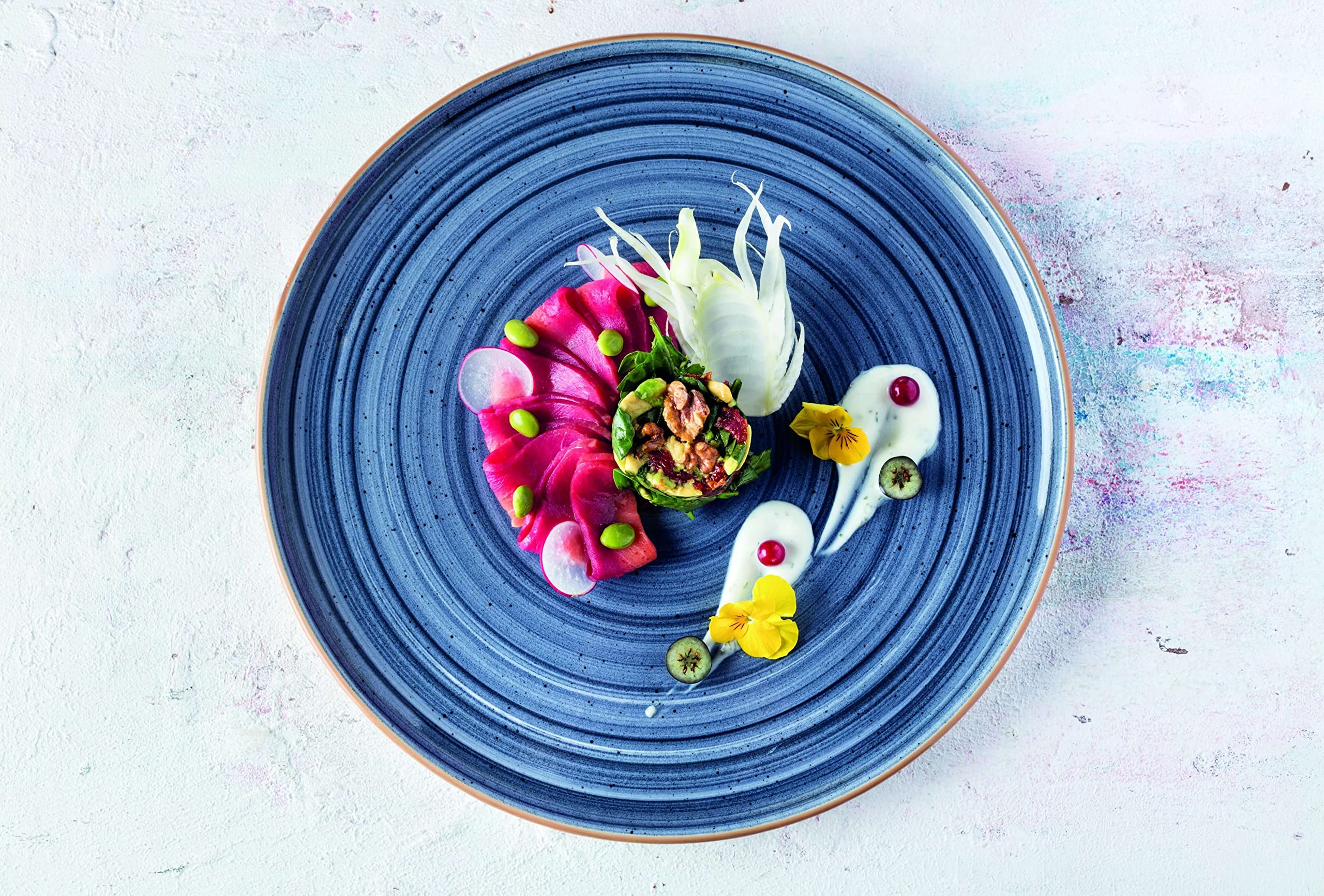 Bonna 6 x talerz obiadowy talerz płaski talerz okrągły zastawa stołowa porcelana niebieska kremowa Aura Dusk Gourmet 30 cm ochrona krawędzi
