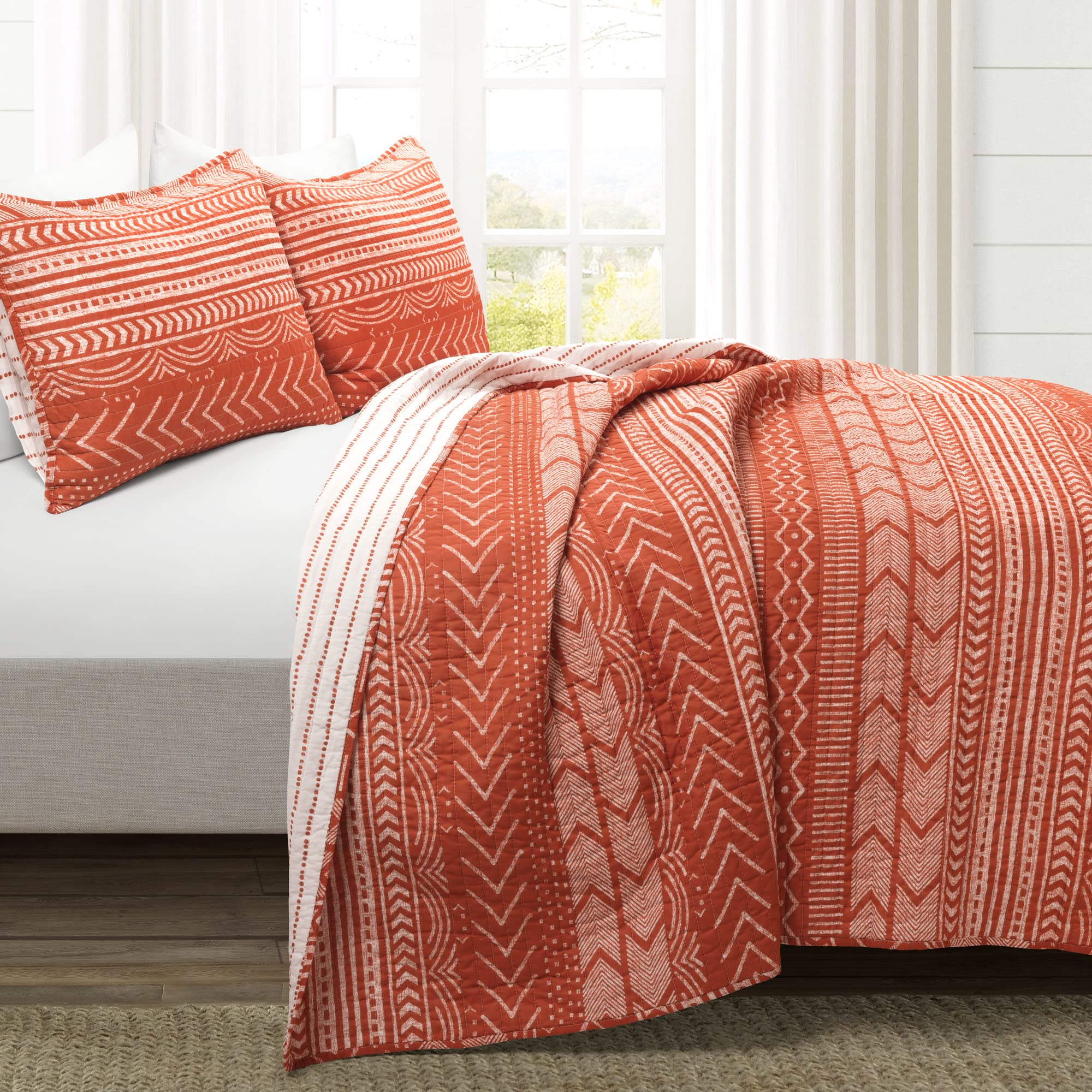 Lush Decor Hygge Geo Set Copripiumino Reversibile 3 Pezzi In Cotone - Arancione Bruciato, Motivi Geometrici - Pieno/Regina