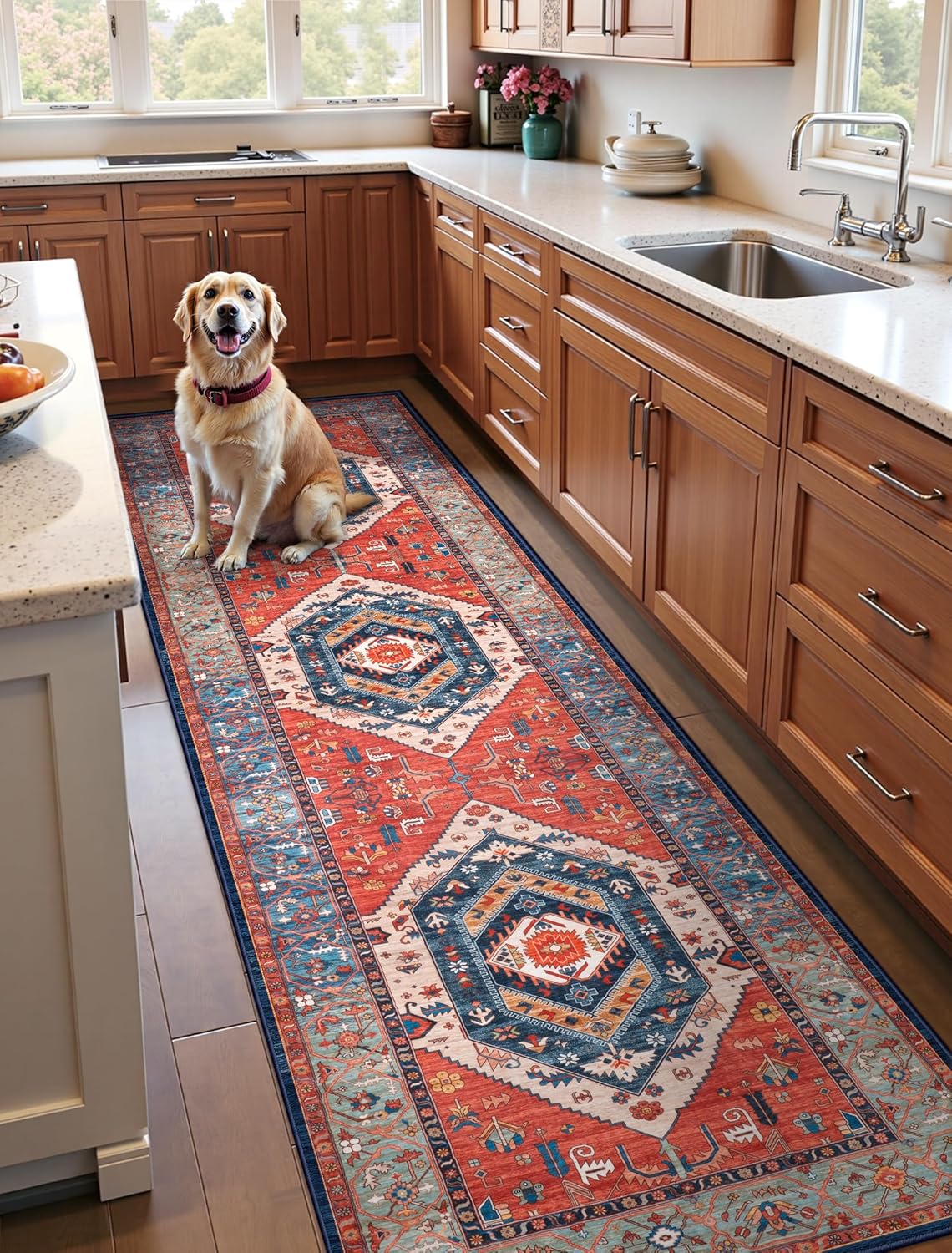 SERISSA Runner Rug for Hallways, 2'6"x10' Washable Non Slip Kitchen Runner Rug, Long Boho Rug Vintage Rust Hallway Stair Ultra Soft Print Floor Carpet for Bedroom Bathroom Laundry Room - Image 2