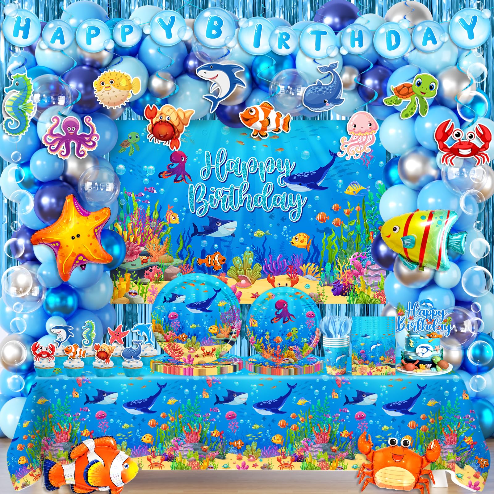 Under The Sea Party Decorations,282pcs Ocean Themed Party Decorations With Under The Sea Plates and Napkins Cups Tablecloth Ocean Backdrop Balloon