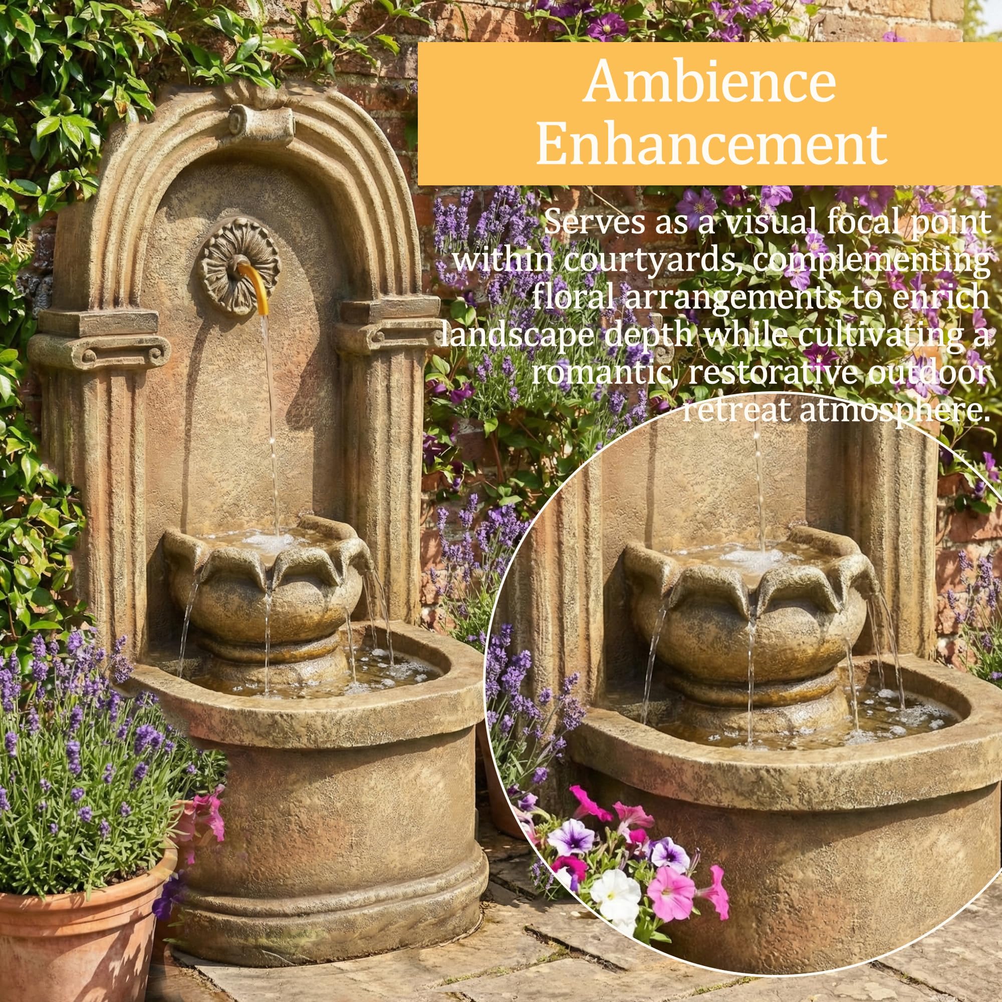 Fontana da giardino, fontana decorativa, stile antico, 230 V, gioco d'acqua per giardino, laghetto da giardino, terrazza, balcone, rubinetto, bacino, in piedi, design ad arco (marrone-1)