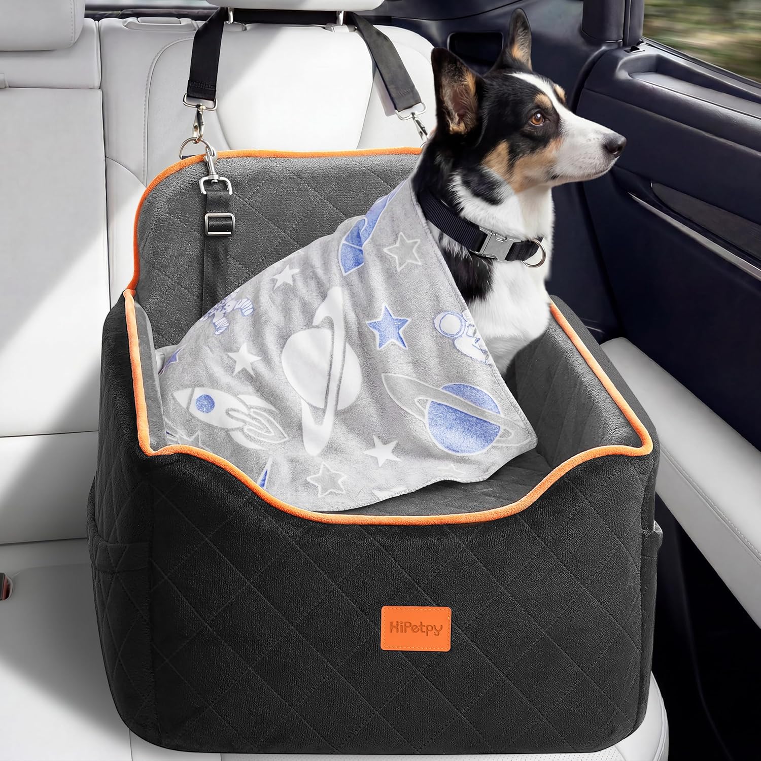 HiPetpy Dog Car Seat for Small Dog, Booster Seat for Dogs Under 30lb, 6" Elevated Pet Seat with Pockets, Anti-Slip Bed for Car, Perfect for Front & Back Seats with Safety Leash (Black/Grey, Medium) Black/Grey Medium