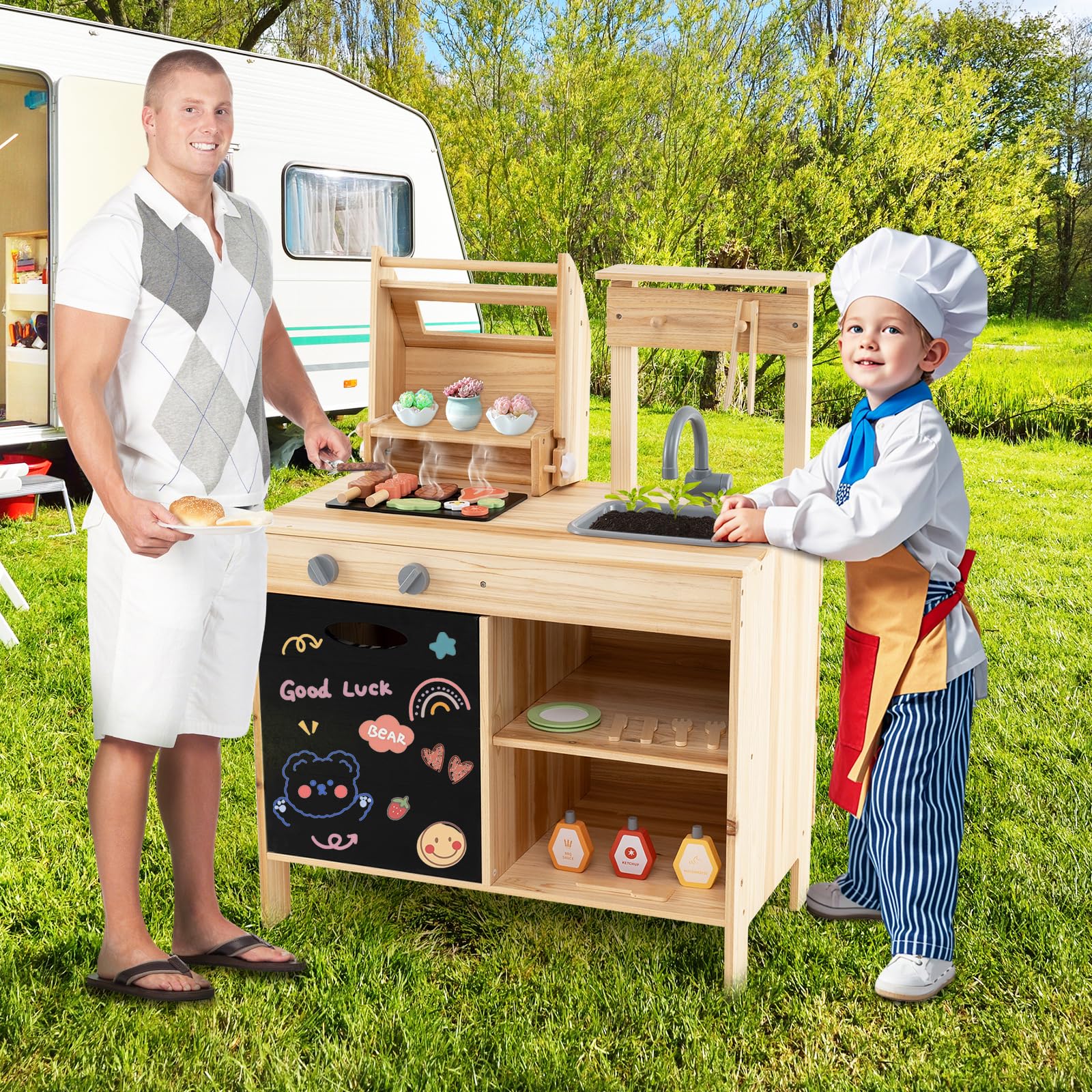 COSTWAY Matschküche Kinder Outdoor, Kindergrill mit Grill-Zubehör, BBQ Grill Spielset mit Tafel & Spülbecken, Spielküche Outdoorküche für Jungen & Mädchen ab 3 Jahren