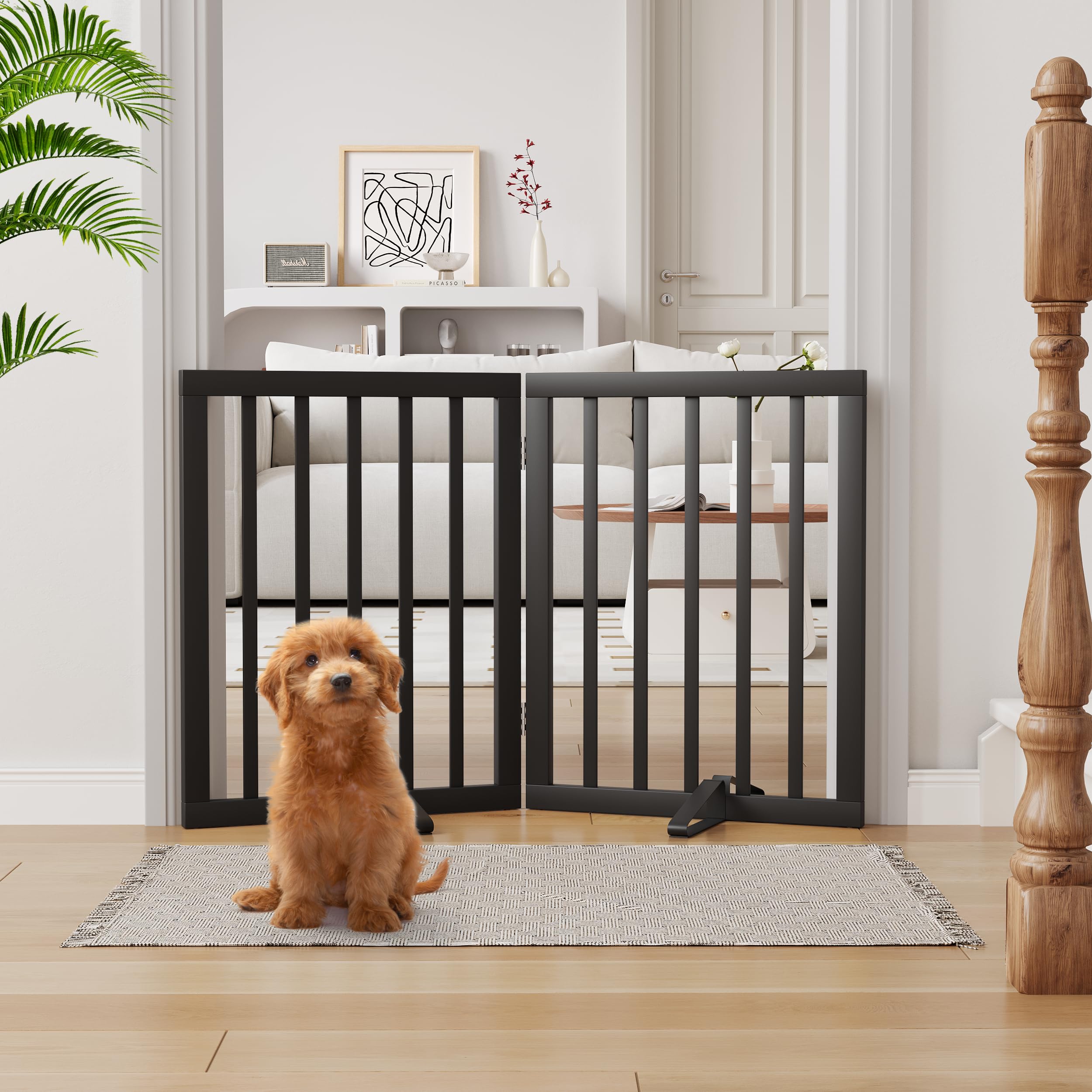 Semiocthome Freestanding Pet Gate with 2 Stands, Bamboo Dog Gates for Doorways, Foldable Indoor Puppy Gate Safety Fence for Stairs, 60cm Height-2 Panels Fully Assembled - Black - 2