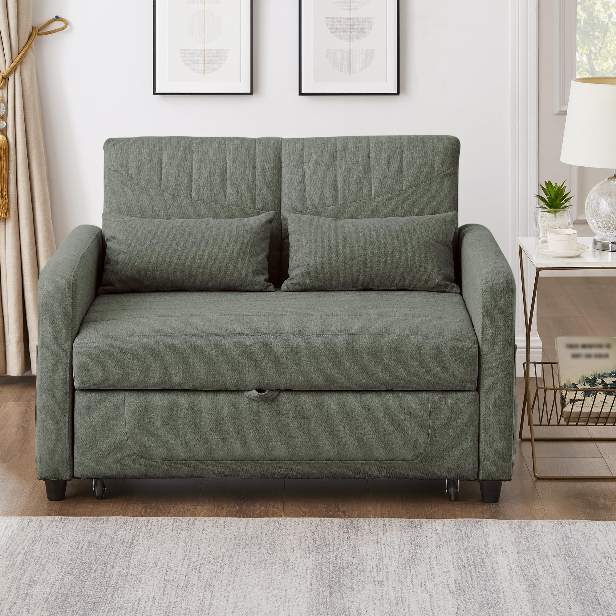 Divano letto a 2 posti con funzione di sonno, piccolo divano letto, 166 x 114 cm, divano pieghevole 3 in 1, allungabile con schienale regolabile, tasche laterali, tessuto di cotone e lino (verde