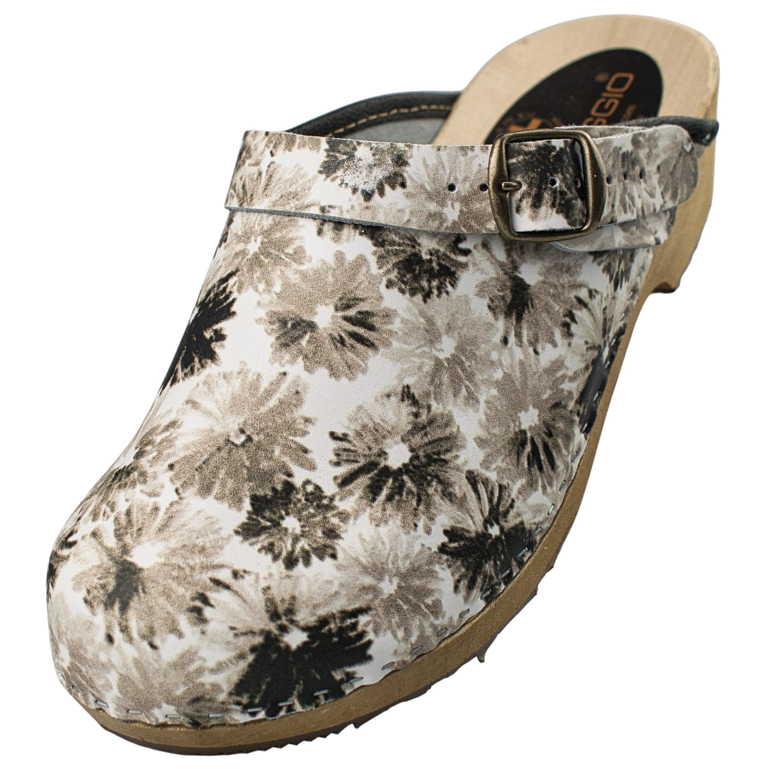 APREGGIO Schwedische Leder Holzclogs Damen Geschlossene Spitze 36/41 EU | Handgefertigt, 5 cm Blockabsatz, rutschfeste Gummisohle, orthopädisches Fußbett, atmungsaktiv, Schlupfdesign