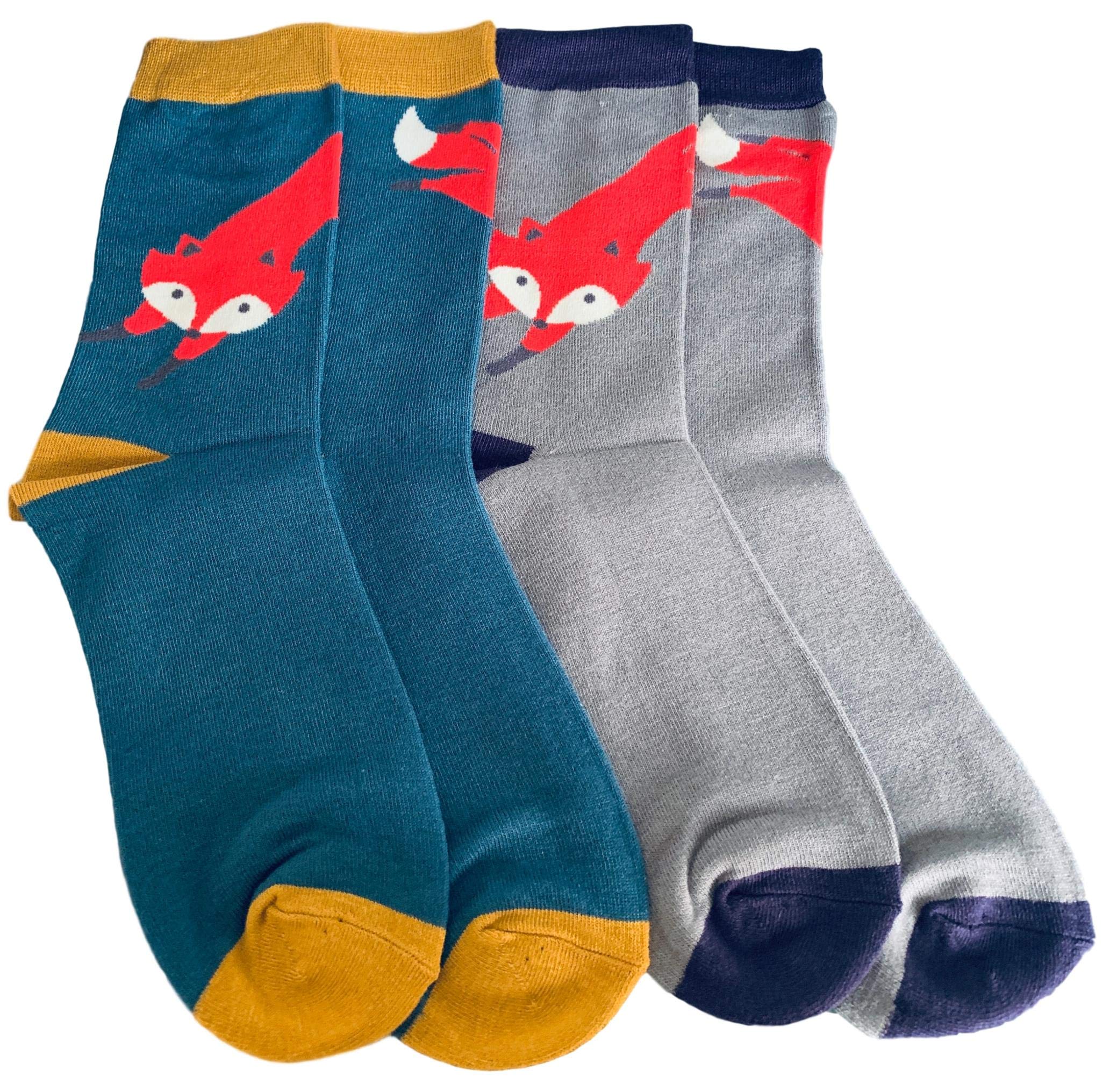 Purple Possum Men's Blue & Grey 2 Pair Pack Purple Possum® Socks Novelty Fox Foxes Fun Grey Navy Blue Bamboo Cotton Blend Uk Shoe Size 8-12 Gift Idea (Blue & Grey 2 Pair Pack)