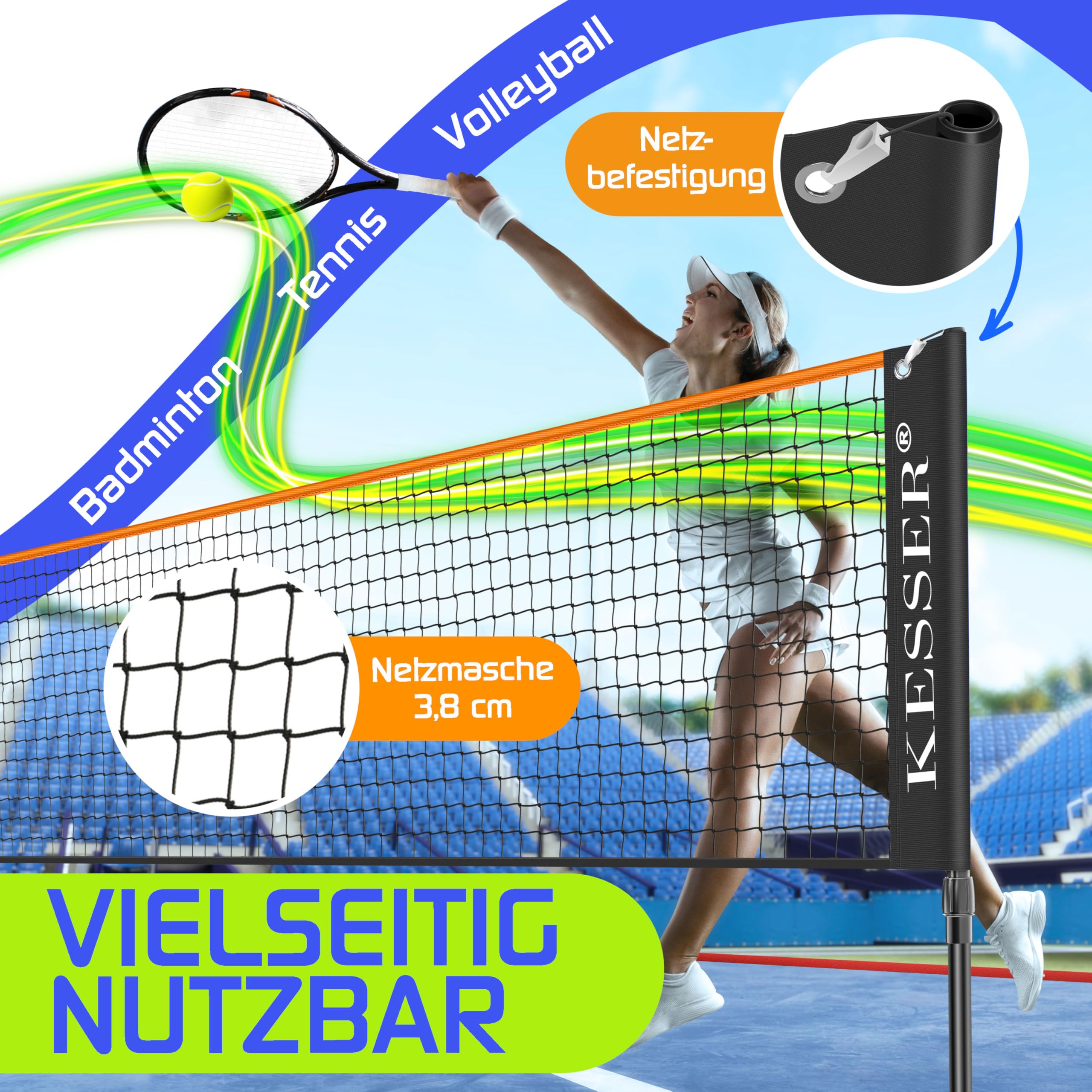 KESSER® Badmintonnetz Tennisnetz | Federballnetz 3-Fach-Höhenverstellbar 107/120/155cm, Set bestehend aus Netz, 3X Federball & 3X Tennisball, Transporttasche, stabilem Eisen-Gestell, Indoor & Outdoor