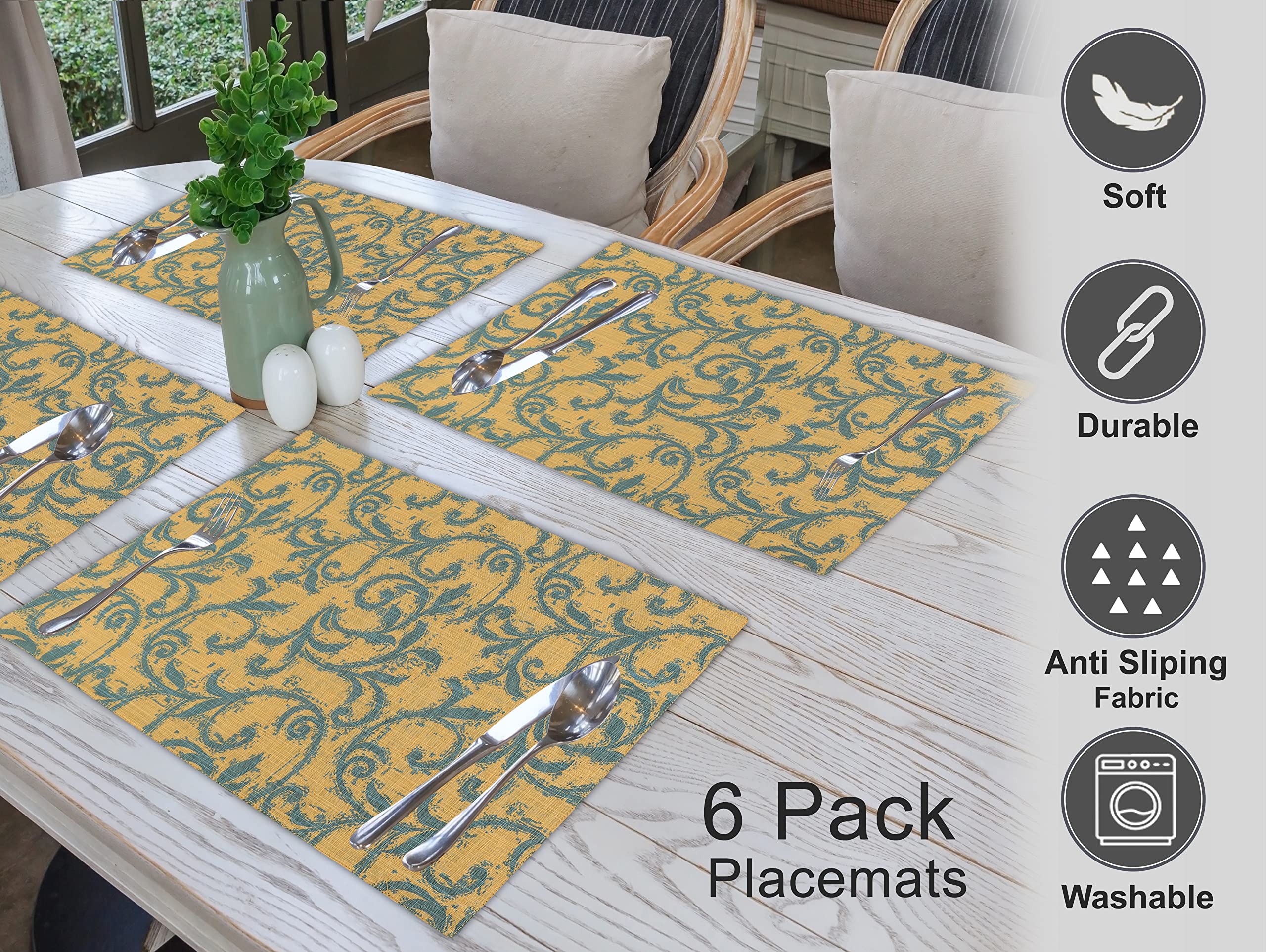 Ruvanti Tischsets 100% Baumwolle 33x48 cm, Esstisch Tischsets 6er Set, Moderne Tischsets für Esstischdekoration, Küche & Tischwäsche, Kaffeematte für Weihnachtsessen - Rankenspiralen