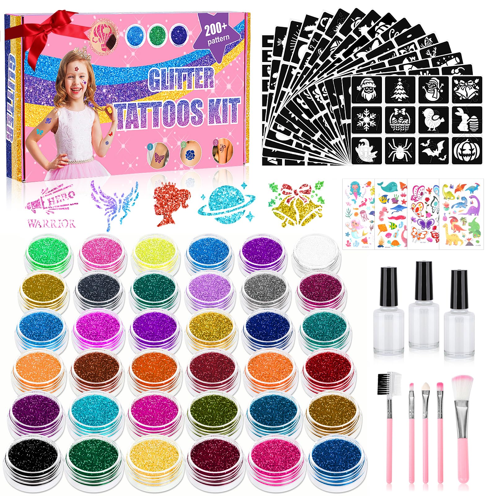 Temporary Glitter Tattoo Kit for Kids, 220 Stencils - 70+ Kids Stickers - 36 Colors Glitter - 3 Glue - 5 Brushes - Glitter Tattoos for Parties & Make Up,Gift for Girls Birthday Halloween Christmas