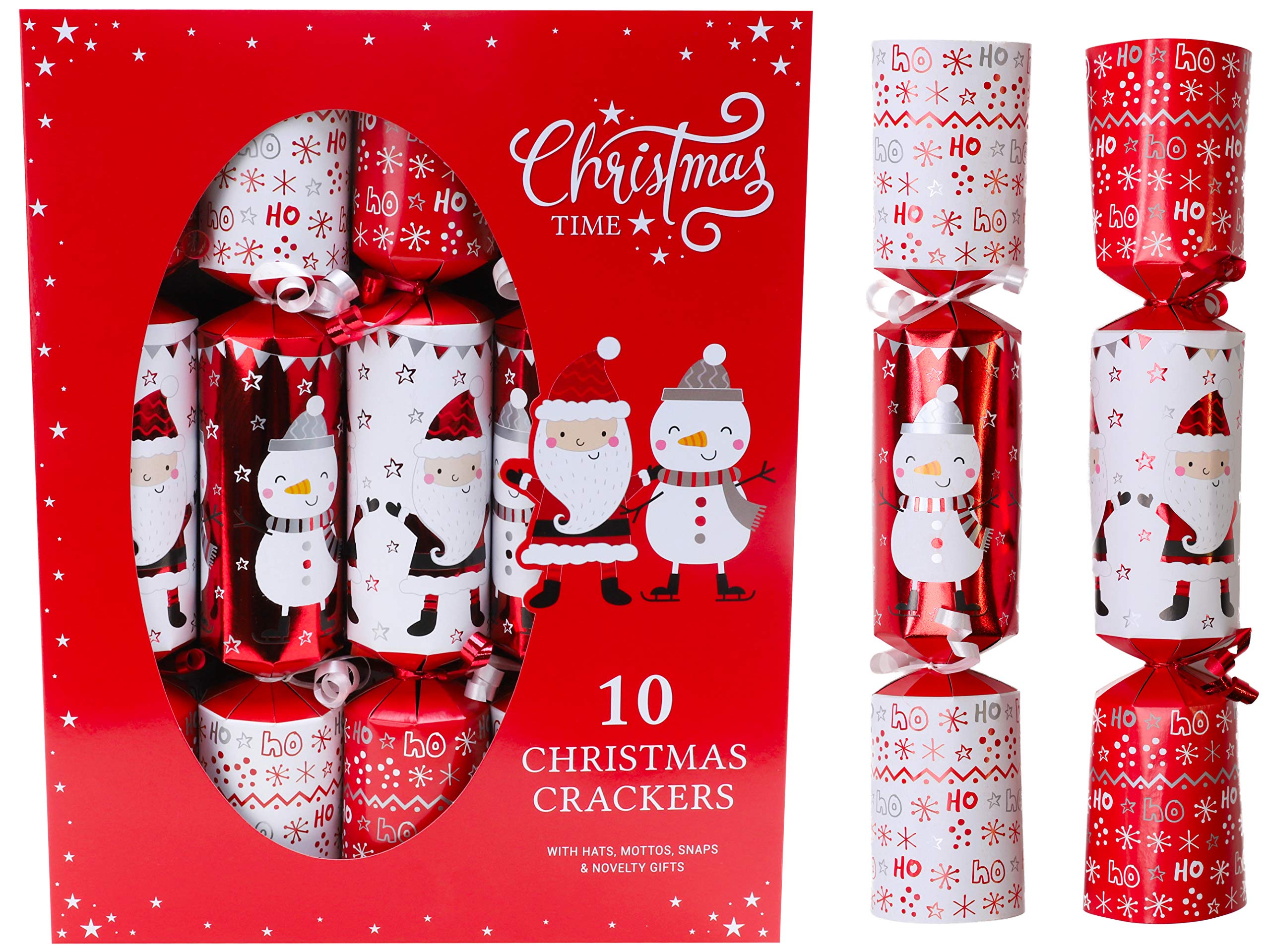 Toyland Red Toyland® Pack Of 10 Snowman & Santa Christmas Crackers - 30Cm Festive Crackers With Hats, Novelties, Jokes - Classic Christmas Dinner Table Decor (10-Pack)