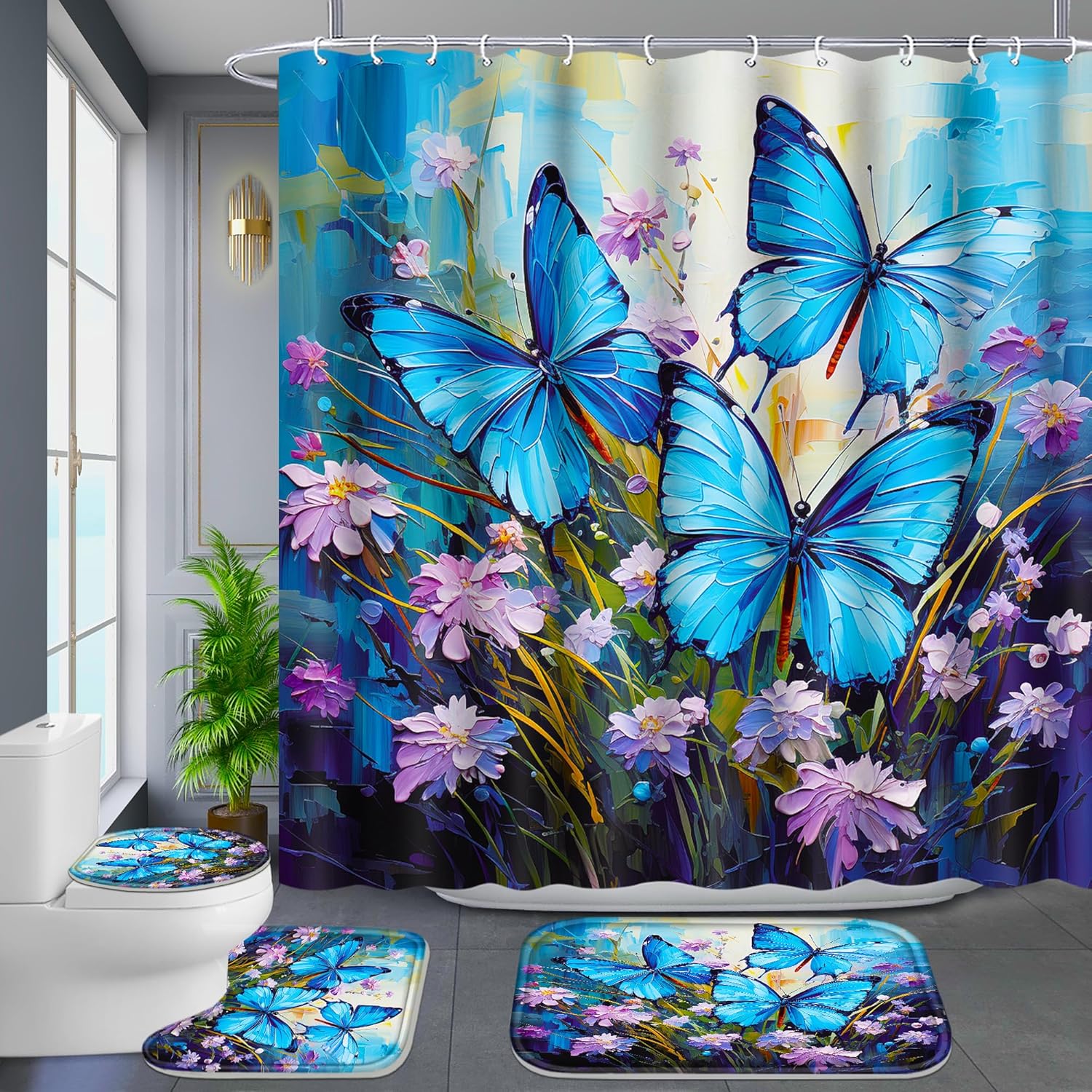 Poedist 4-Piece Blue Butterfly Bathroom Set with Non-Slip Rug, Toilet Seat and Floor Mat (with 12 Hooks), Floral Shower Curtain Set, Bathroom Set with Rug and Accessories