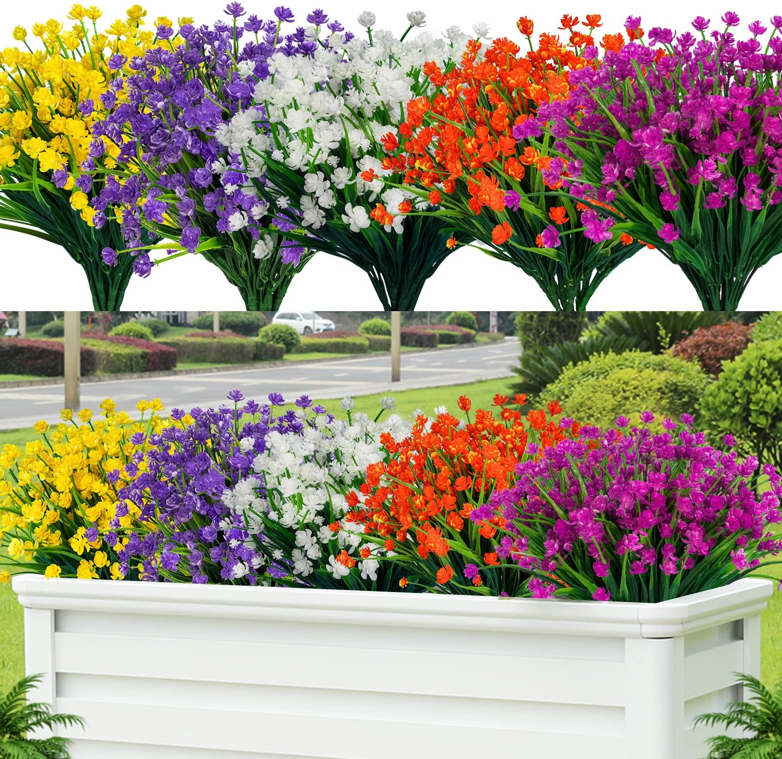 Lnoicy 20pcs Artificial Fake Flowers,Plastic Flowers for Outdoor Decoration, UV Resistant Faux Flowers Shrubs, Artificial Plants for Indoor Outside Garden Home Wedding Farmhouse（5 Color）