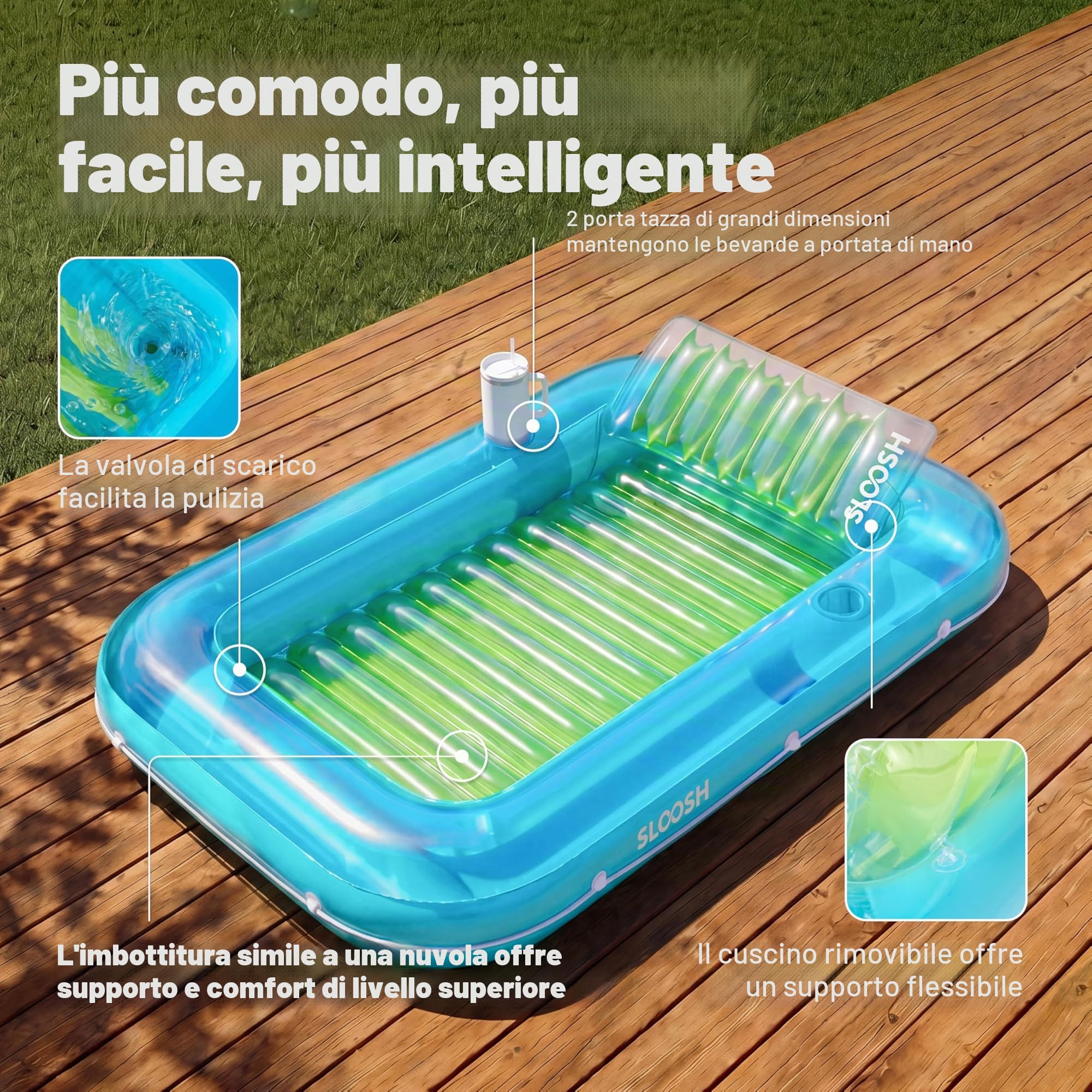 SLOOSH Tanning Pool Sdraio gonfiabile per piscina, con cuscino, 4 in 1, vasca abbronzante, lettino prendisole