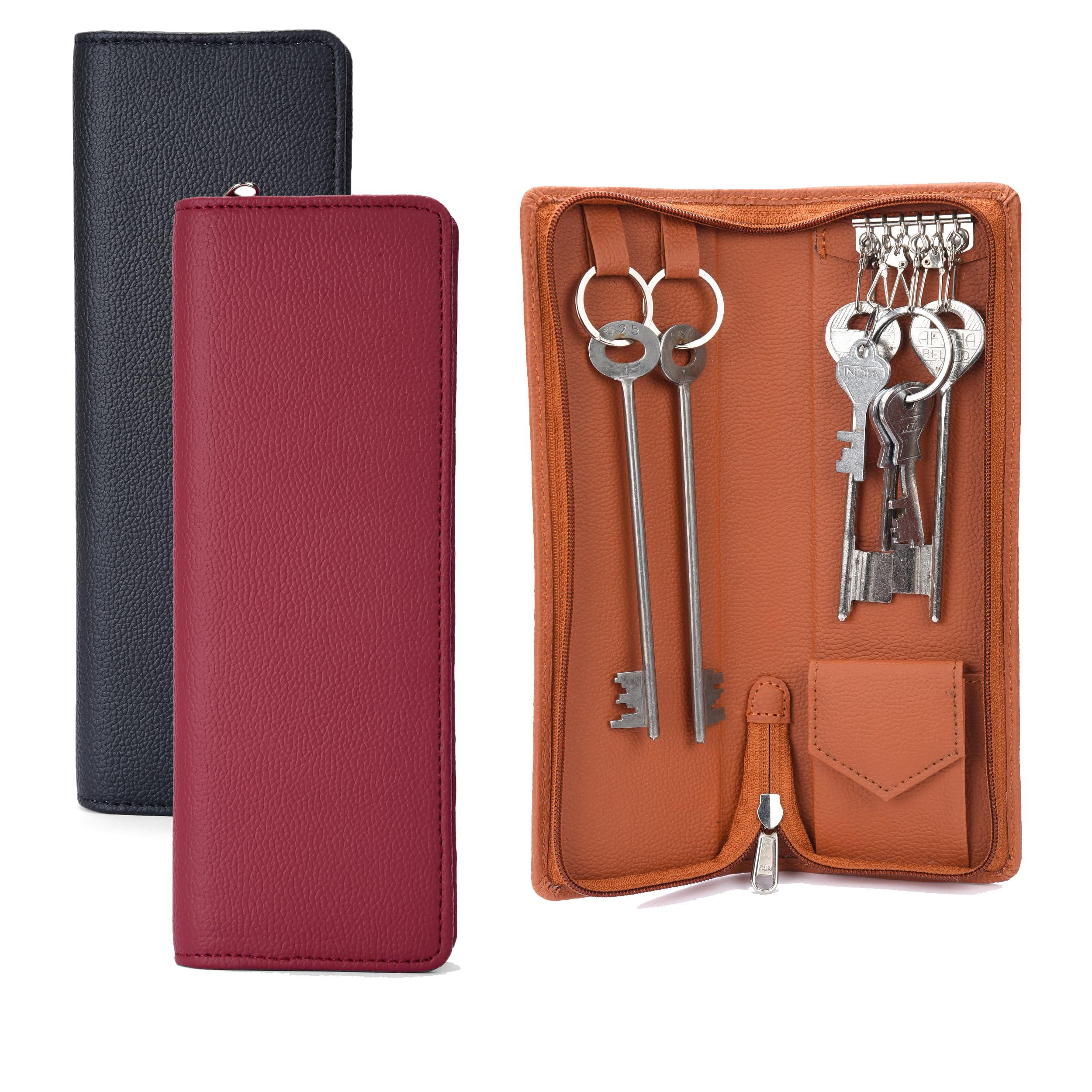 PU Leather Key Case key holder leather key pouch key purse with Zipper, 25.5 cm x 8.5 cm x 2.50 cm (Set of 3), Multicolour-image-23