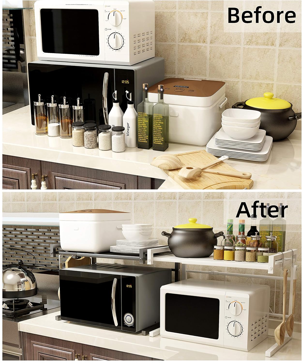 Microwave oven rack, Retractable microwave oven rack shelf Kitchen counter shelf 2 layers and 3 hooks microwave mount (42~60x36x42cm / 16.5~23.6"x14.2"x16.5") Black