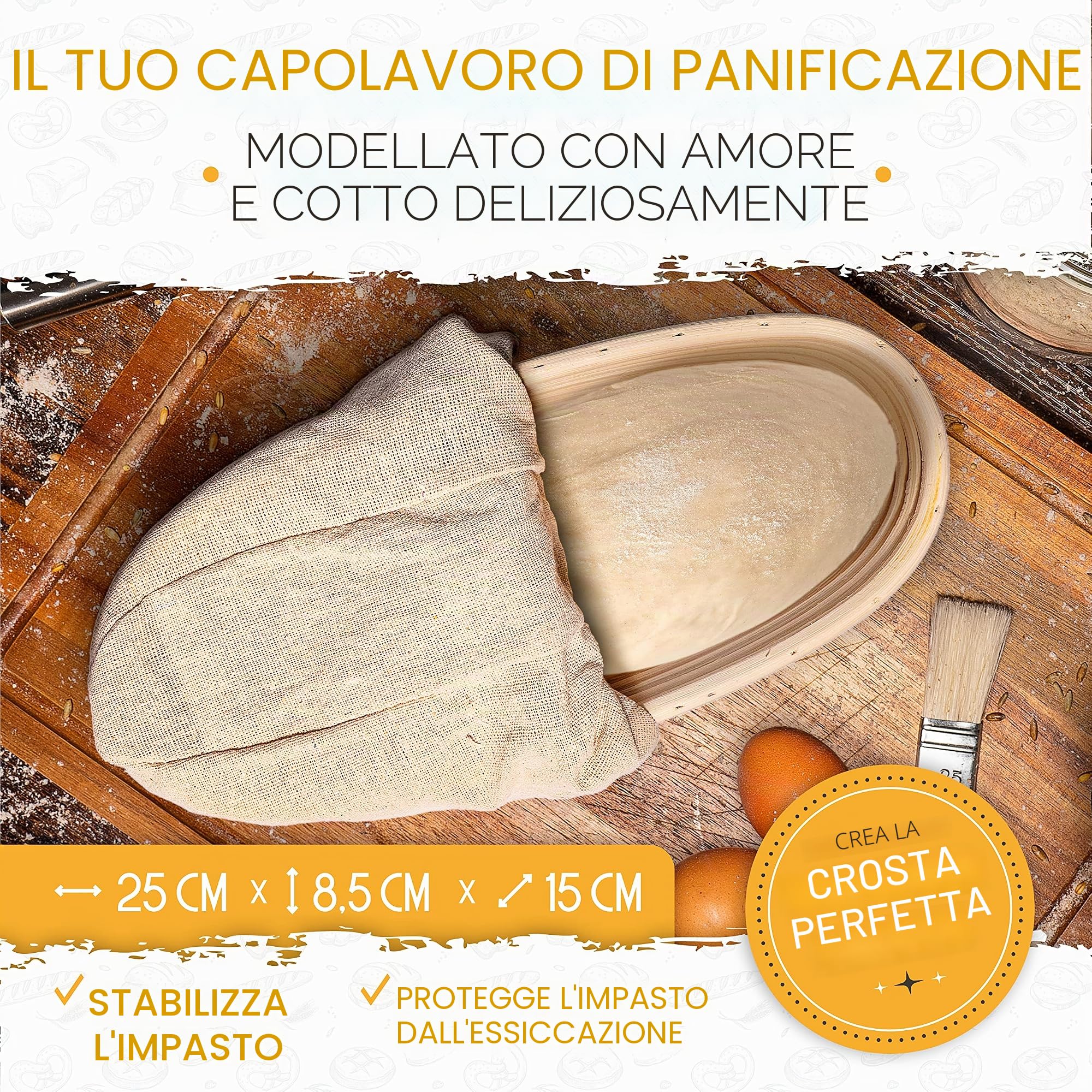 KRUSTENZAUBER Cestino per la lievitazione per il pane + coltello da panetteria, set di 2 cestini e 2 coltelli da pasta, accessori per la cottura, cestino per il pane, teglia per il pane e il pane