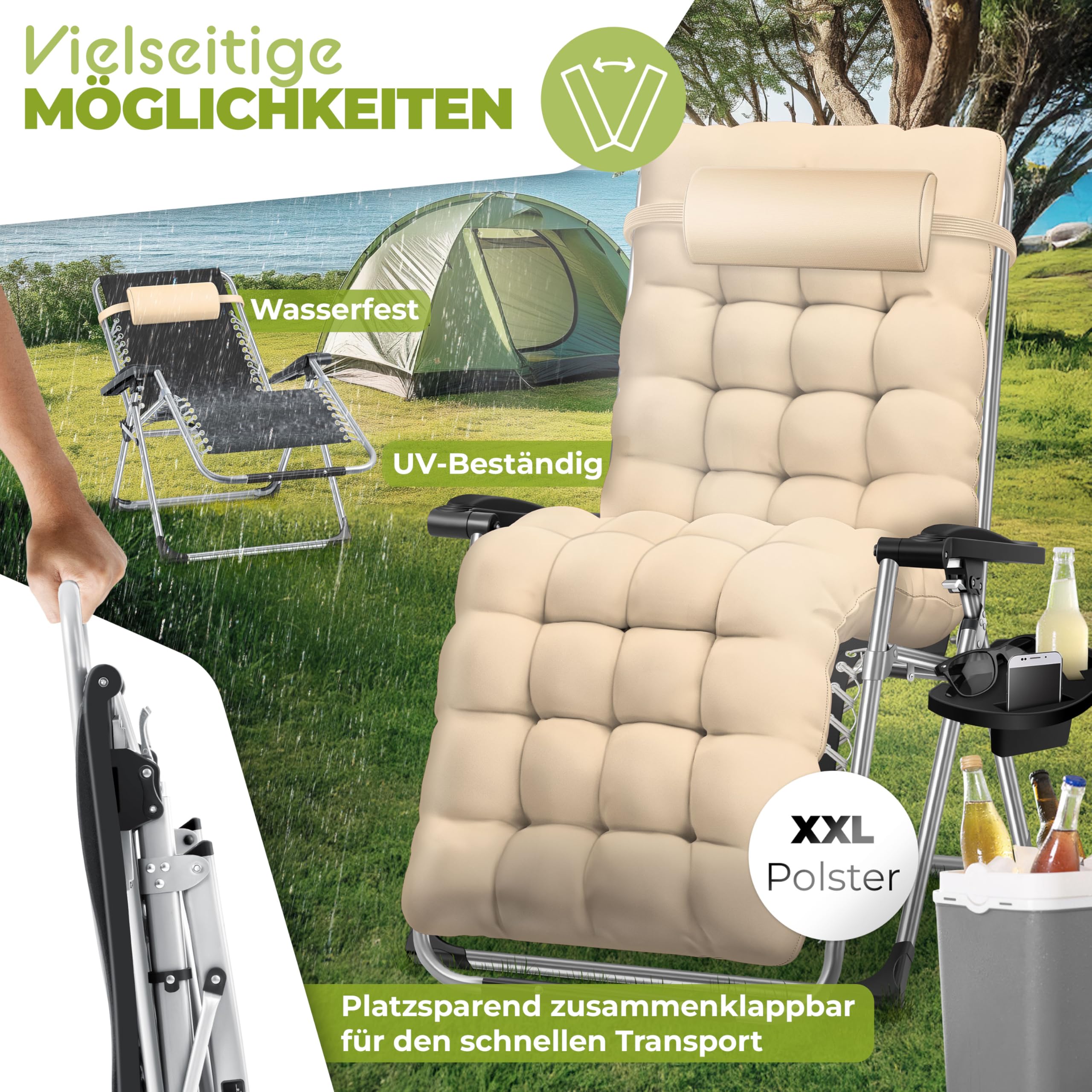KESSER® Bain de soleil, Chaise longue de jardin, Coussin pour le cou + porte-boisson inc, coussin XXL, capacité 200kg, pliable & résistant aux intempéries, Chaise longue pliante Dossier réglable beige