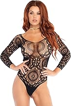 Leg Avenue womens Crochet Lace Long Sleeve Thong Back Teddy
