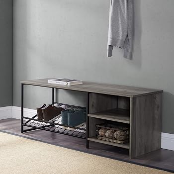 Amazon Com Walker Edison Furniture Company Industrial Metal And Wood Entryway Bench Shoe Storage Shelf Hallway Organizer 48 Inch Grey Wash Furniture Decor