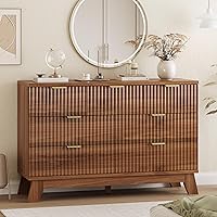 Vista 18 de Cómoda acanalada para dormitorio con 6 cajones, cajonera moderna de 46 pulgadas de alto con mango de metal, soporte de TV de cómoda de madera
