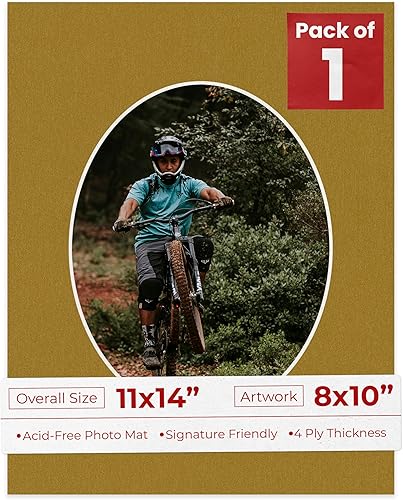 Tapete de 11 x 14 pulgadas, corte biselado para fotos de 8 x 10 pulgadas, con apertura de tablero ovalado dorado metálico precortado, sin ácidos,