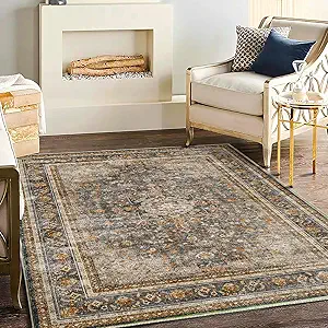 Washable Area Rug 4'x6' Traditional Floor Cover Foldable Thin Rugs Retro Kitchen Indoor Distressed Non Slip Carpet Floral Print Mat Bedroom Living Room