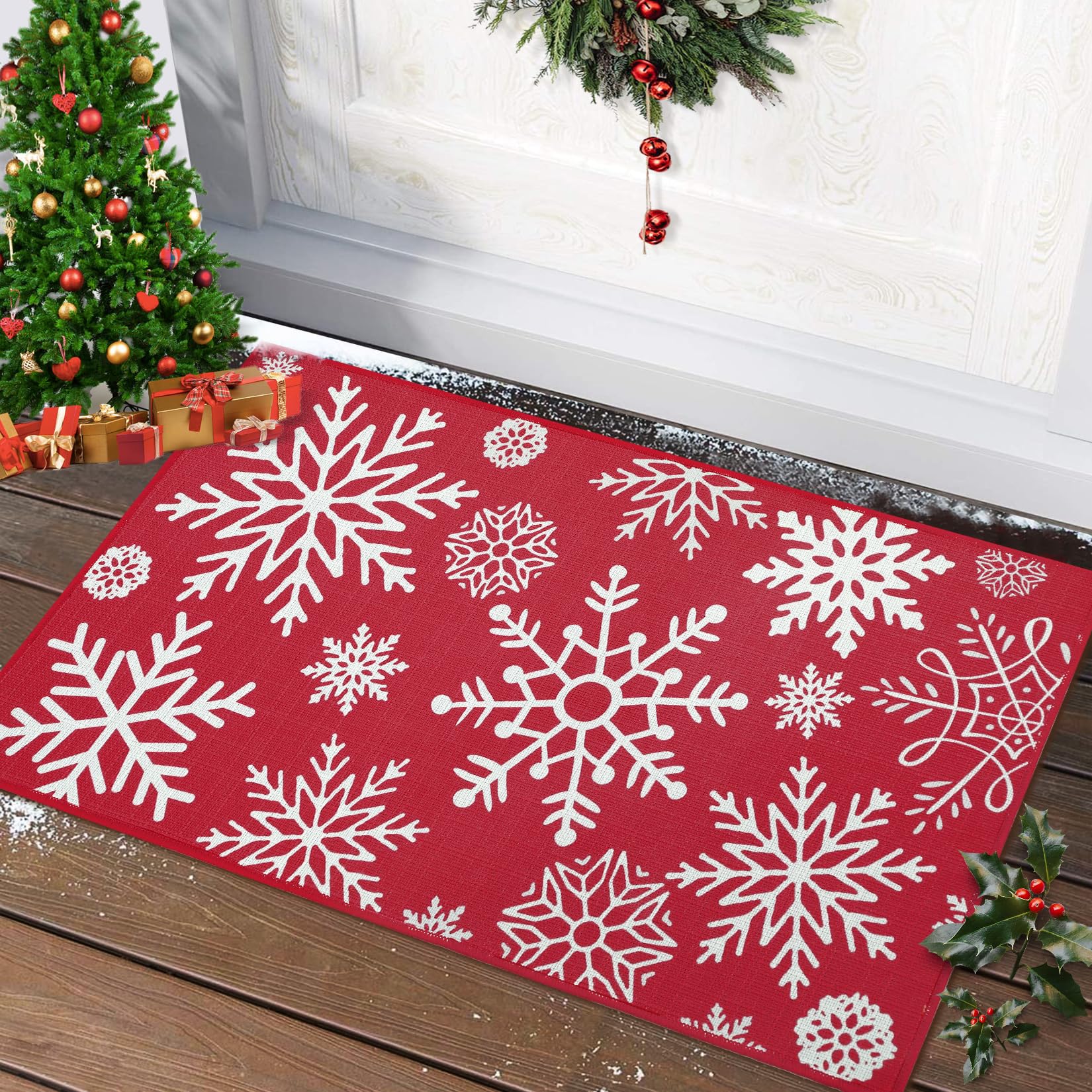 GarveeMore Christmas Door Mat, Non-Slip Welcome Doormat, Snowflake Pattern Xmas Mat Indoor/Outdoor for Living Room/Batroom/Kitchen,100% Polyester, 1900Gsm, Jute Woven Rubber Back,Red,40x60cm