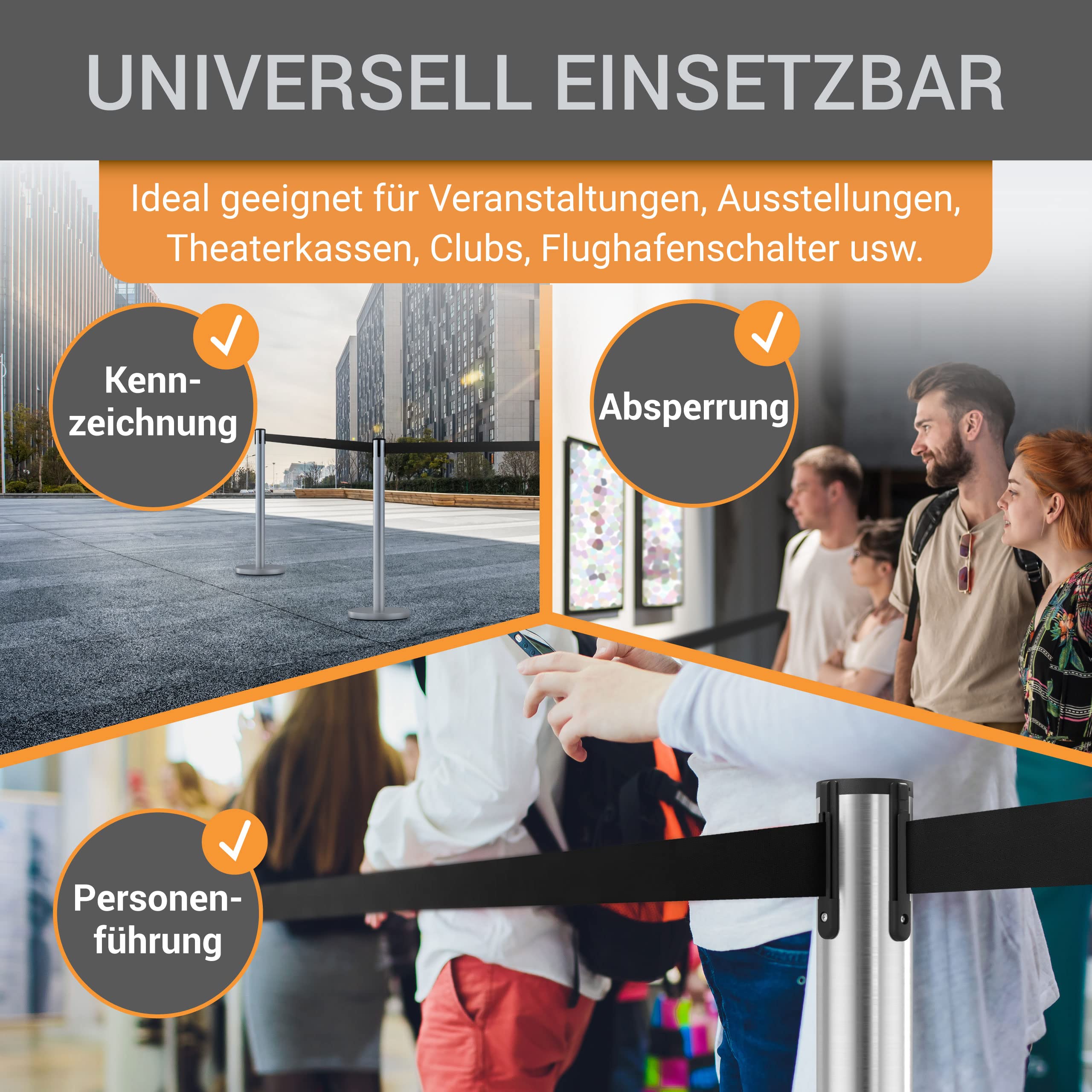Gurtpfosten Edelstahl gebürstet - 4er Set - Pfostenhöhe: 98,0 cm, Gurtlänge: 3,0 m, Gurtbandbreite: 4,8 cm - Gurtfarbe: schwarz