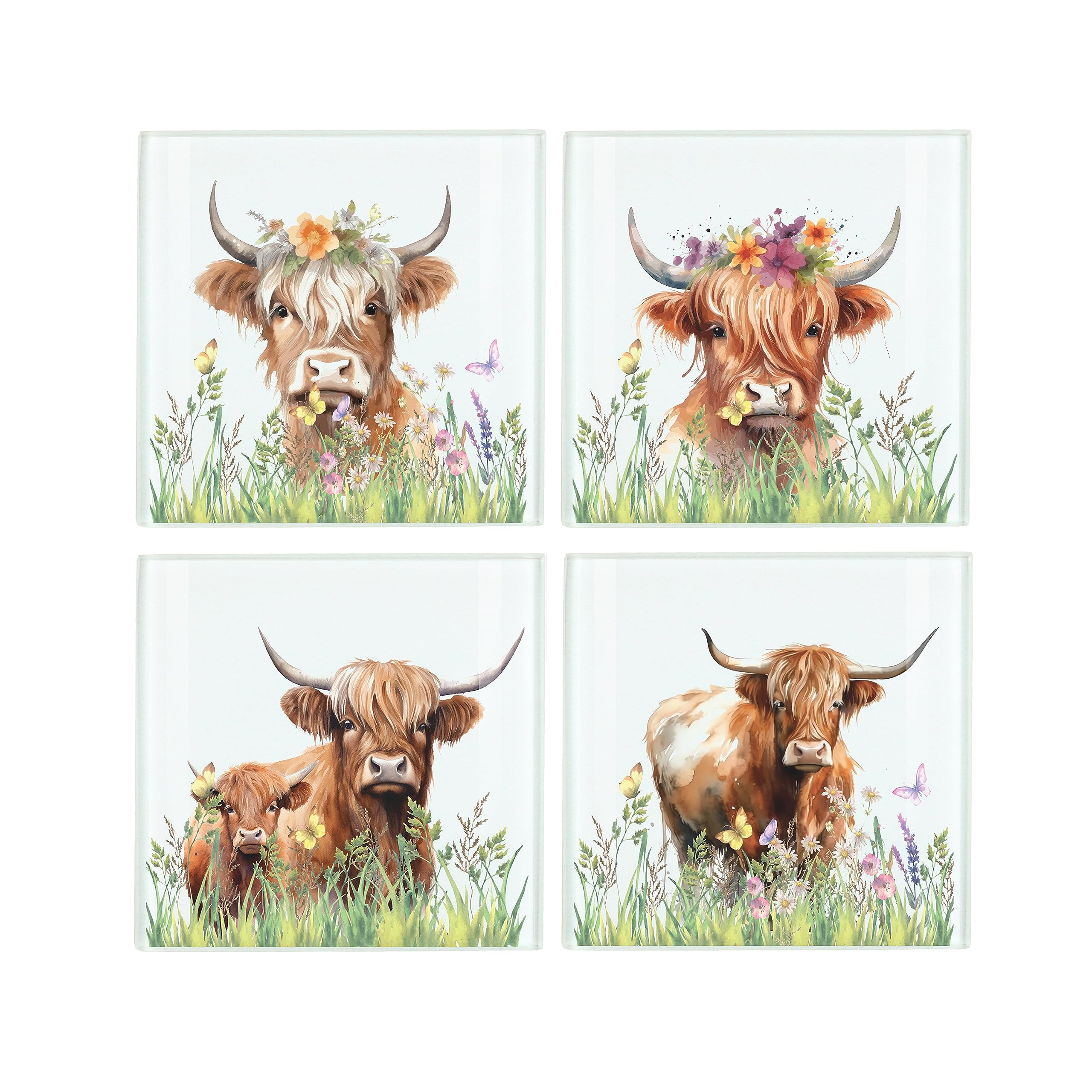 Highland Cow Glass Coaster Set - Countryside Farmyard Animal Gifts Mixed Set