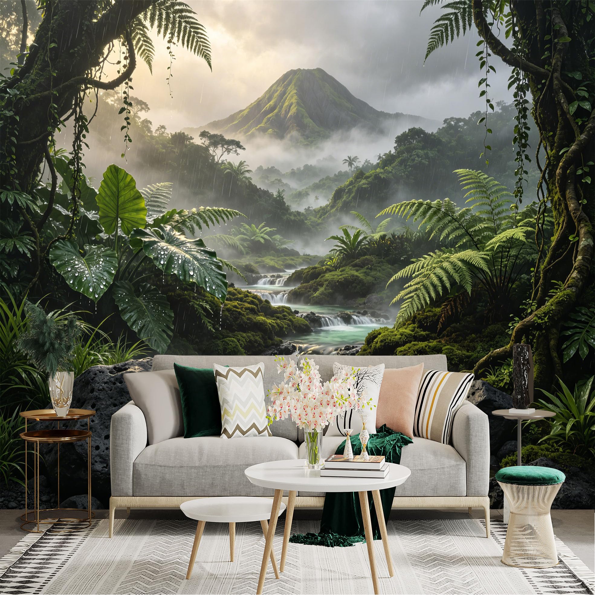 Custom Size Wall Sticker Mural， Tropical Rainforest with Waterfall， Misty Mountain and Lush Green Plants， for wall Decoration， peelandstick wall Decals.
