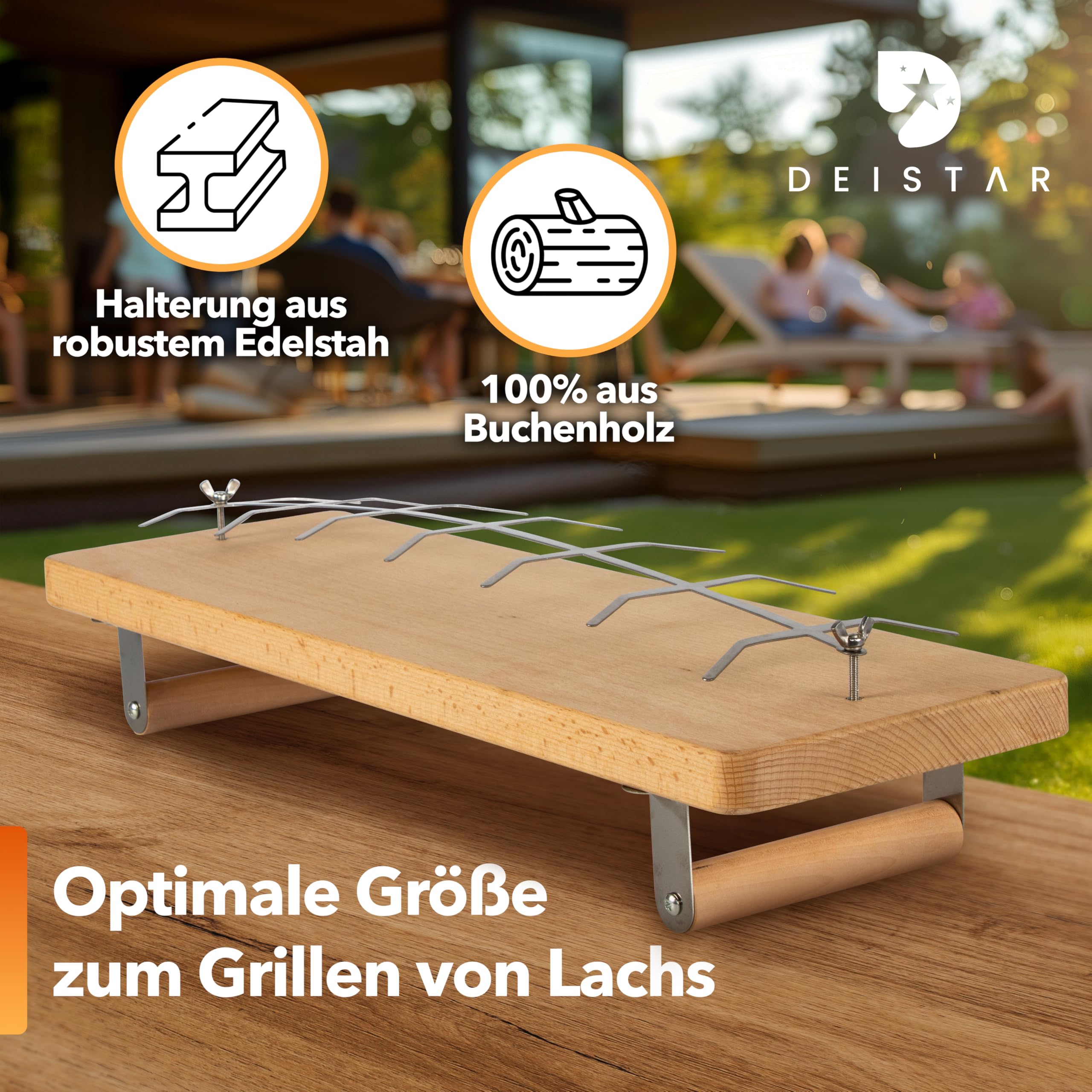 Flammlachsbrett mit Halterung 100% Buchenholz – Edelstahl Halter – 55 cm – Grillbrett für Flammlachs BBQ