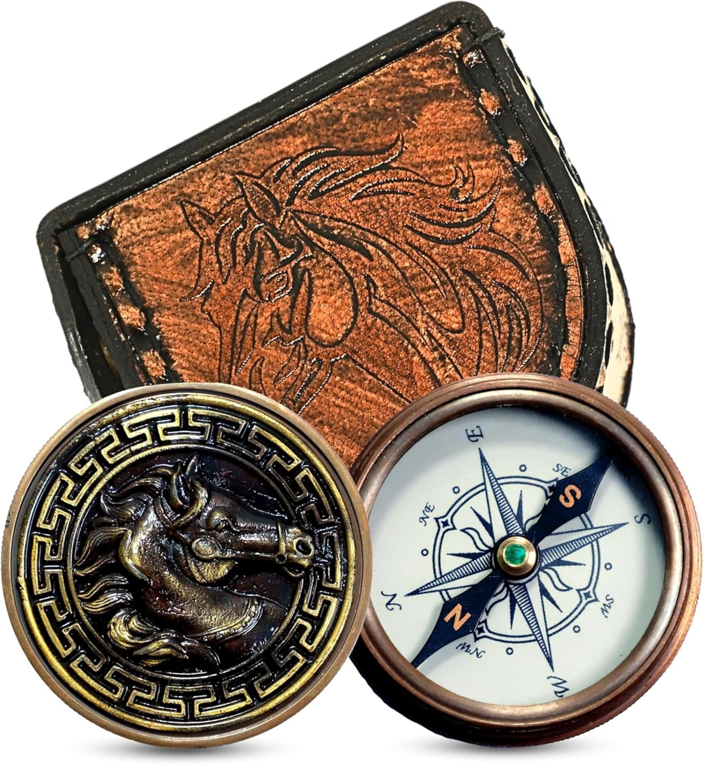 Vintage Brass Pocket Compass with Leather Case, Horse Engraved Lid, Antique Style Magnetic Compass for Desk Décor, Travel & Gifting