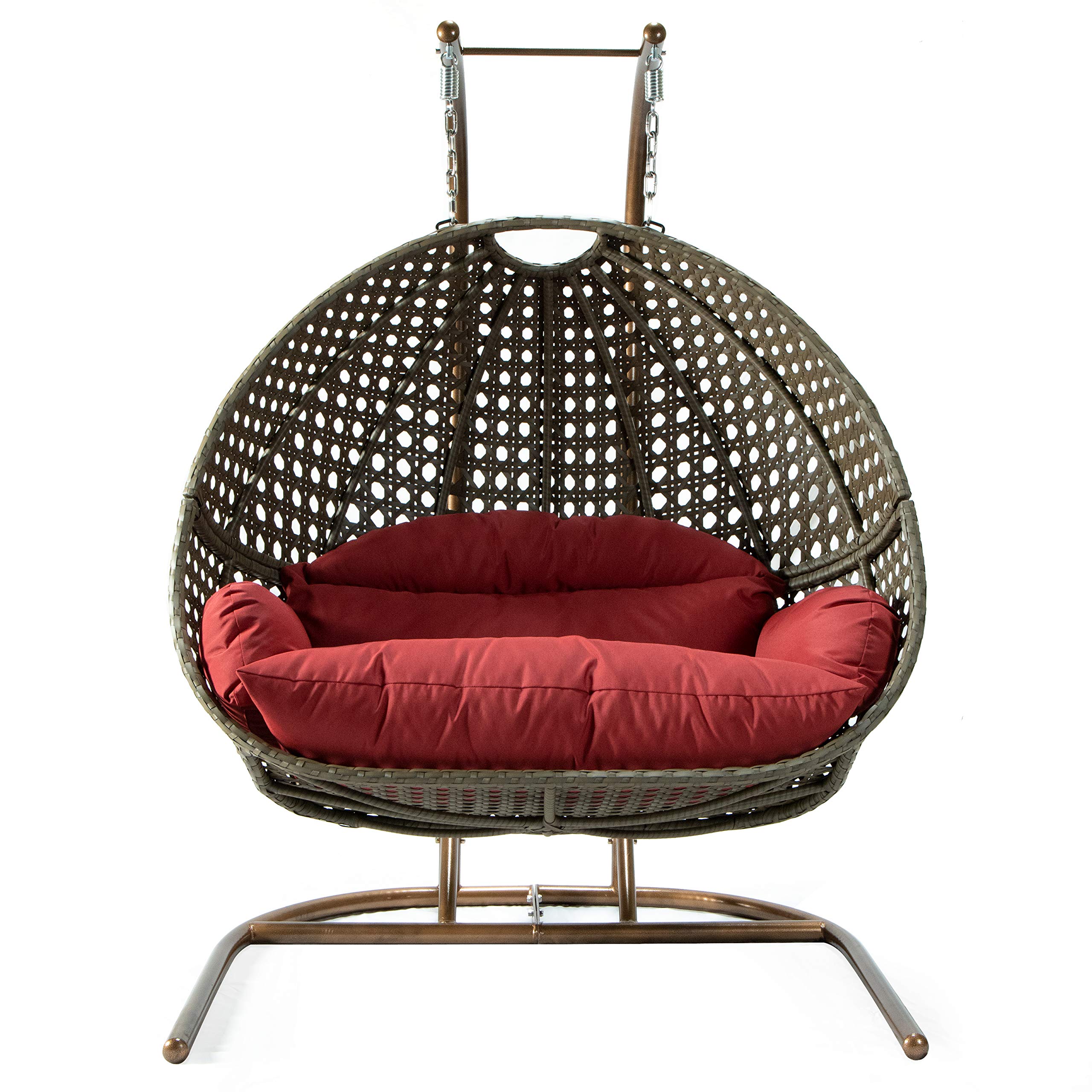 LeisureMod Outdoor Patio Beige Wicker Hanging 2 Person Double Egg Swing Chair (Dark Red)