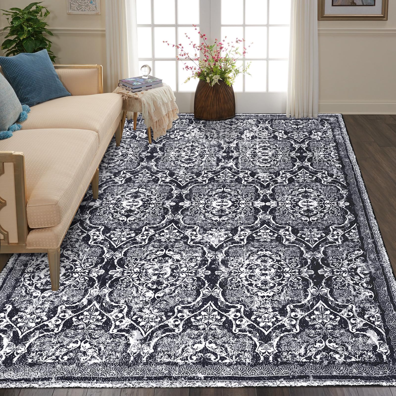 Vaukki Living Room Rug, Vintage Shaggy Soft Laundry Rug, Non Slip Kitchen Area Mat, Washable Farmhouse Bedroom Area Carpet for Bathroom, Kitchen and Kidsroom (4'x6', Black)