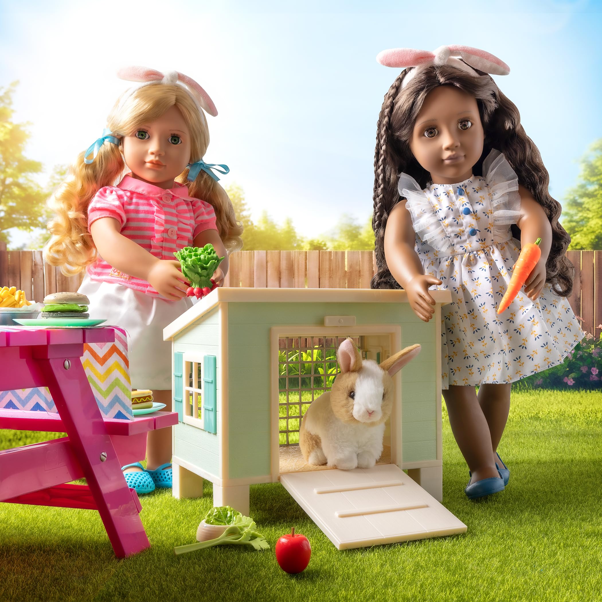 Our Generation - Kaninchenstall Spielset - Tierhaus Spielset - Mini Plüsch Kaninchen Plüschtier - 46 cm Puppe Zubehör - Vorgetäuschtes Spiel - Spielzeug für Kinder ab 3 Jahren