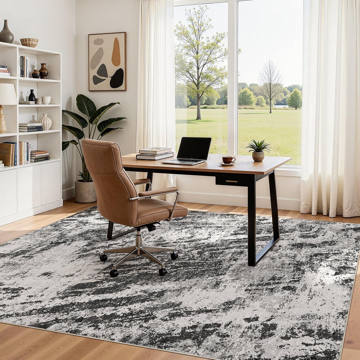 DMOYEST 5x7 Washable Area Rug: Abstract Modern Non-Slip Carpet, Soft Low Pile Indoor Neutral Easy Clean Floor Rugs for Living Room Bedroom Dining Room Kids & Pets - Black