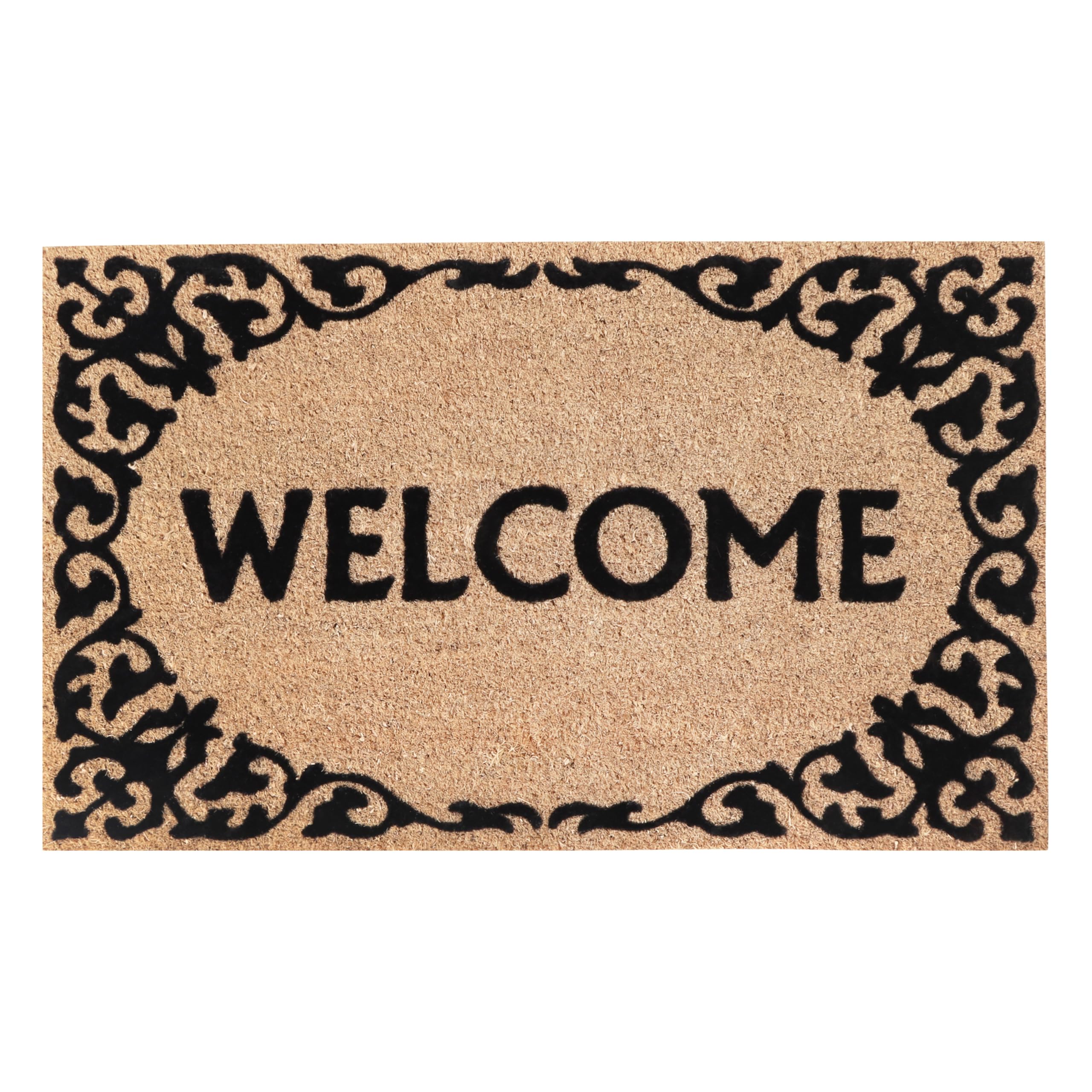 A1 Home Collections A1HC Natural Coir Flocked Doormat with Heavy Duty Non-Slip PVC Backing Easy to Clean, Fade Resistant, Low-Profile Durable Doormat (Welcome Floral Border Black, 24x36)