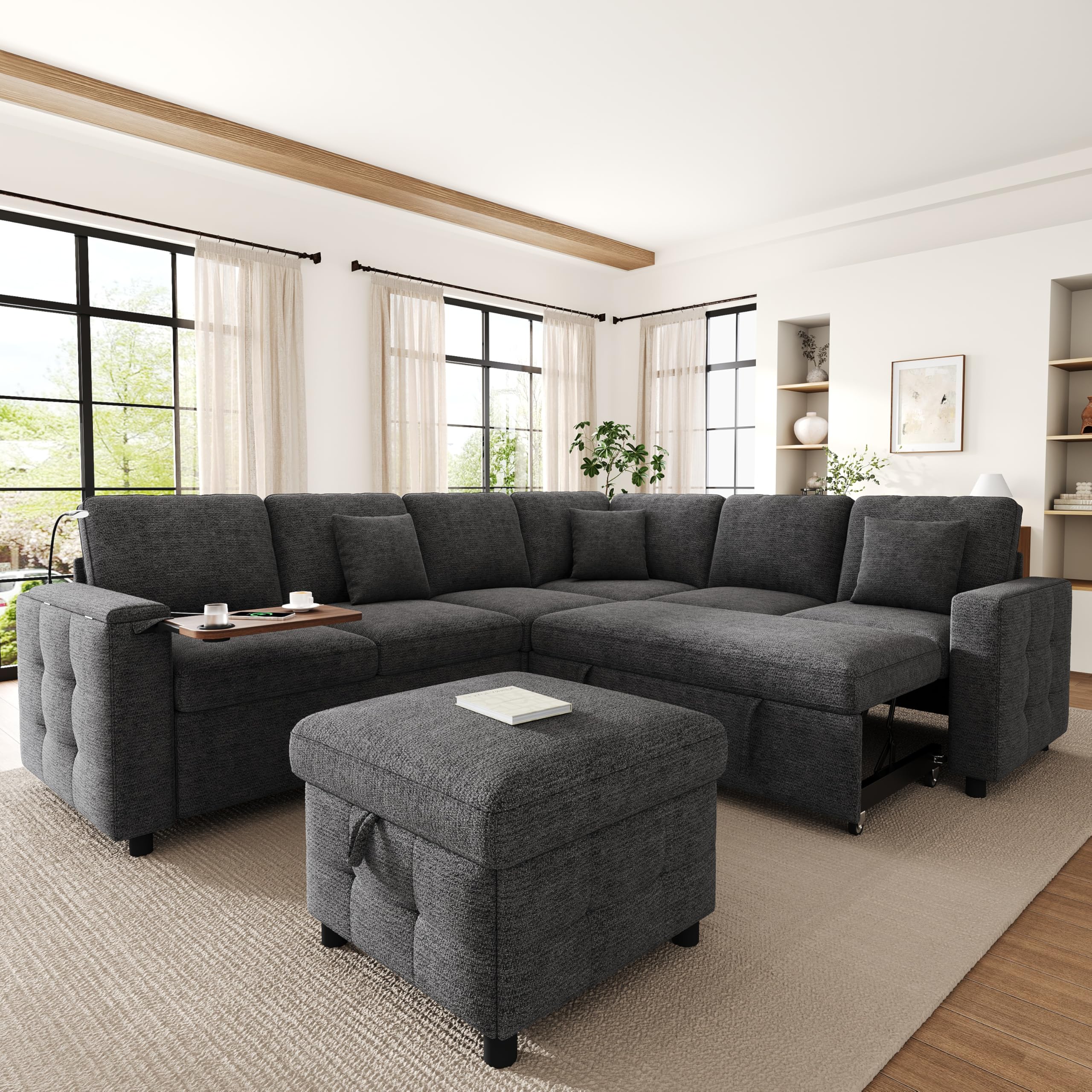 Sofá modular de 7 plazas con función de cama y compartimento de almacenamiento, sofá esquinero en L con lectura LED, puertos USB y USB-C, sofá cama con portavasos, sofás convertible, chenilla y