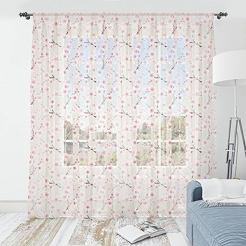 Ambesonne Cortinas de tul oriental con bolsillo para barra, flores japonesas de cerezo simbólica, llegada simbólica de la temporada de primavera,