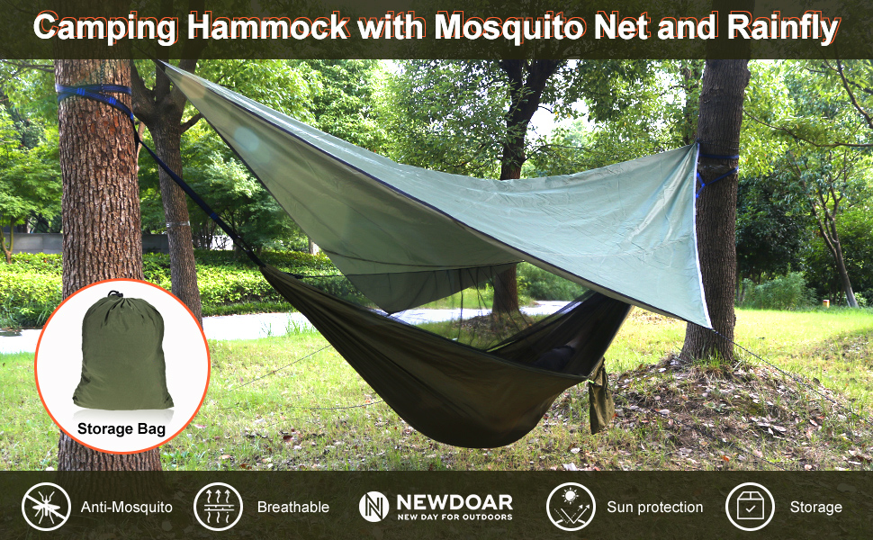 NewDoar Camping-Hängematte mit Moskitonetz und Regenfliegenplane, tragbare Einzel-Nylon-Fallschirmhängematte, Regenfliegen-Set, Baumgurte, 