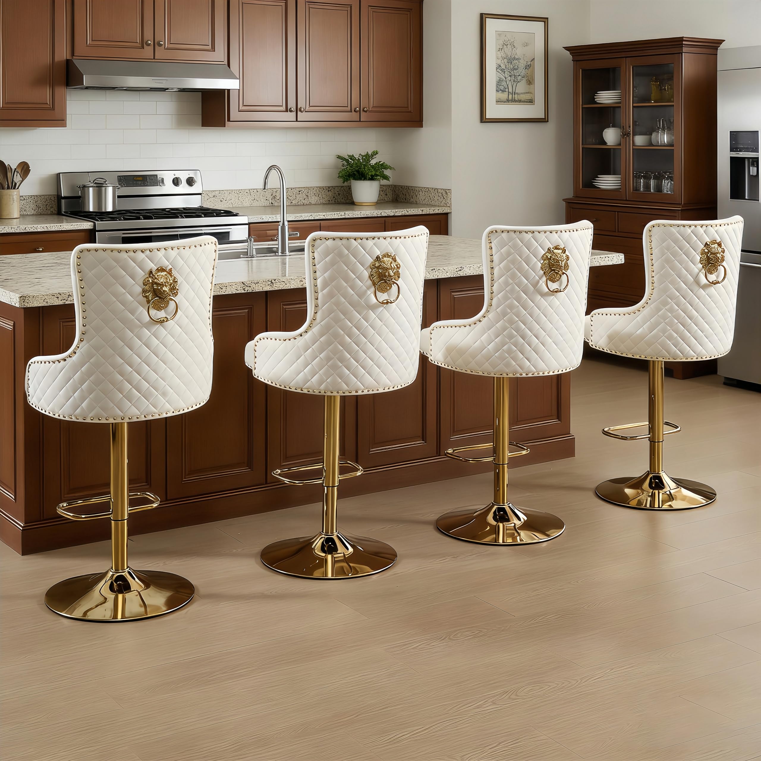 Gold Barstools Set of 4,Velvet Swivel Bar Height Stools with Lion Pull Ring,Upholstered Counter Height Stools with High Tufted Back,Modern Adjustable Bar Chairs for Kitchen Island/Cafe,Cream