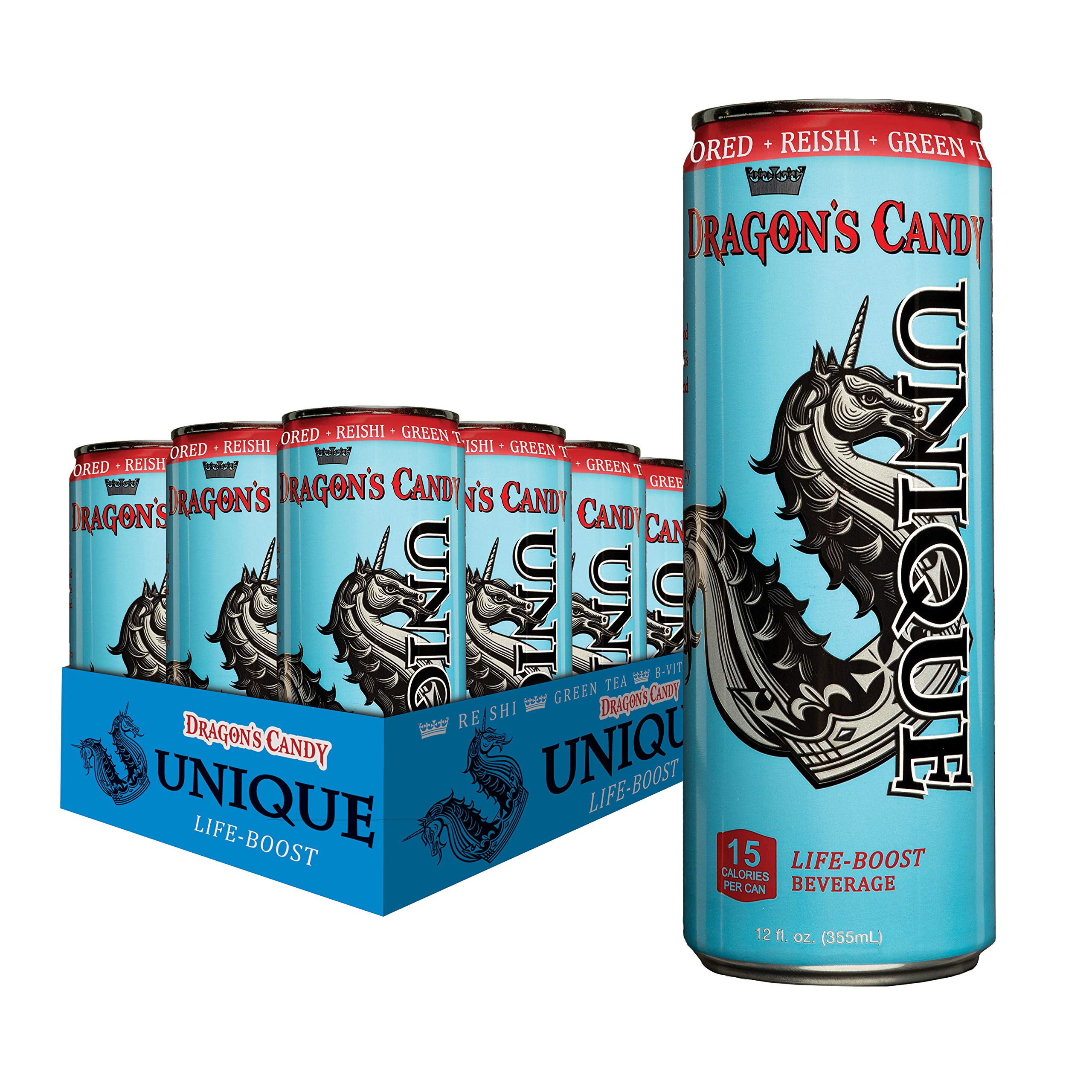 Unique Life Boost Keto Friendly Functional Beverage | Natural Green Tea Reishi Mushroom Extract Low Calorie | Dragon's Candy, 12oz Cans 12 Pack