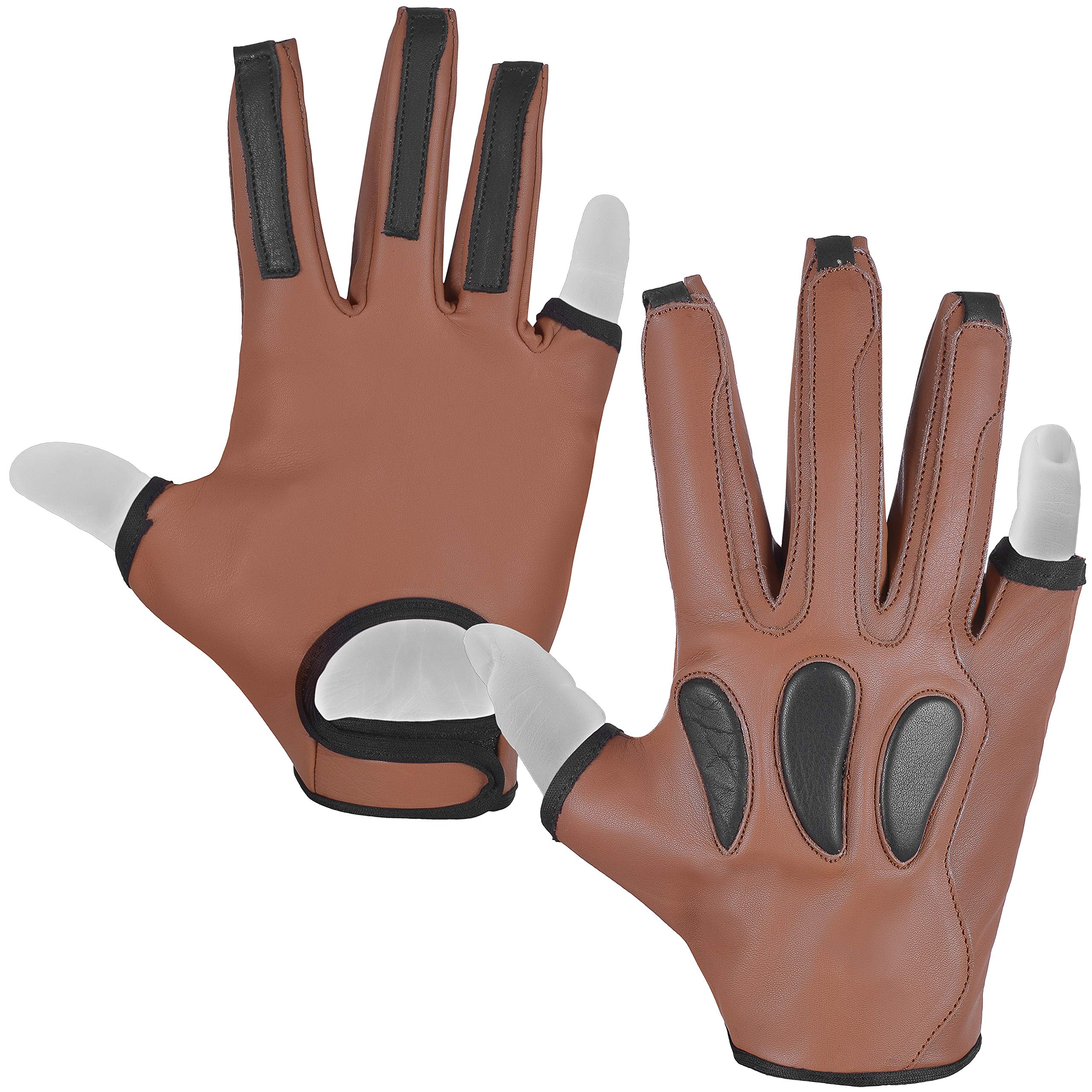 Daskz Leathers Archery Glove Leather Right Hand – 3 Finger Full + Half Thumb & Pinky – Padded Back – Traditional Hunting Glove for Adult Shooters